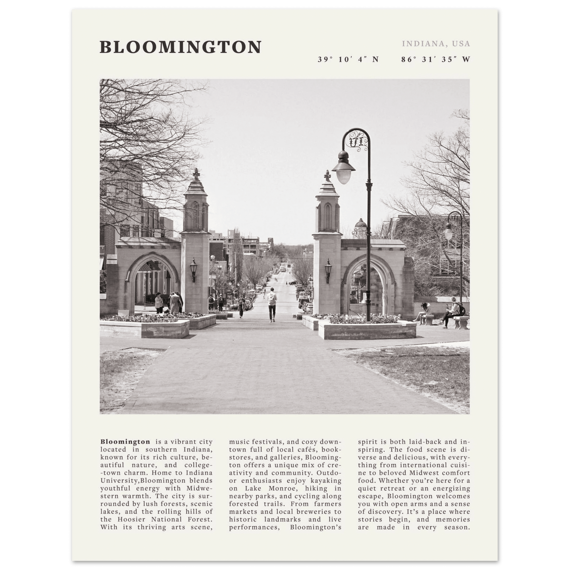 Bloomington Indiana Black and White Vintage Poster - Evergreen Posters