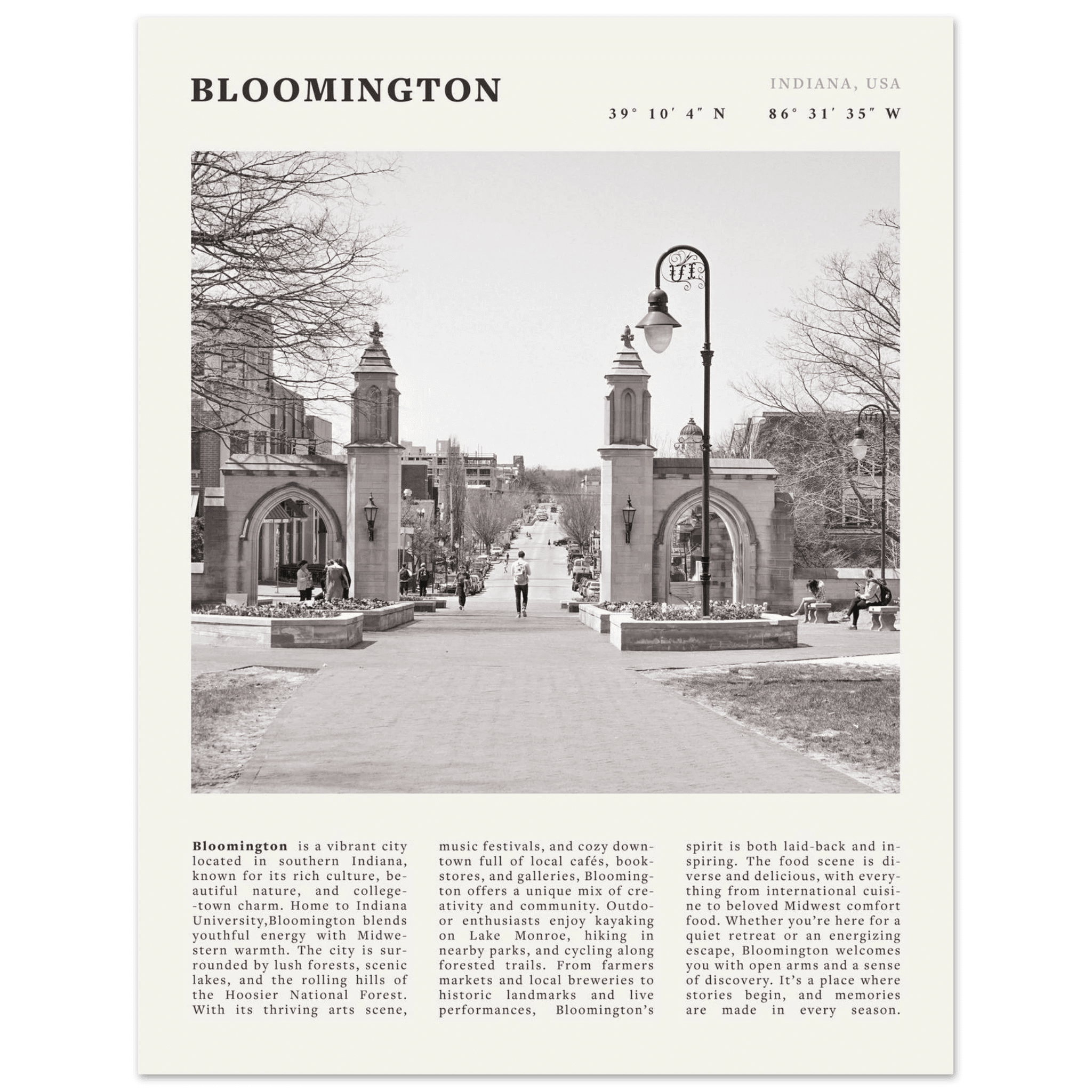 Bloomington Indiana Black and White Vintage Poster - Evergreen Posters