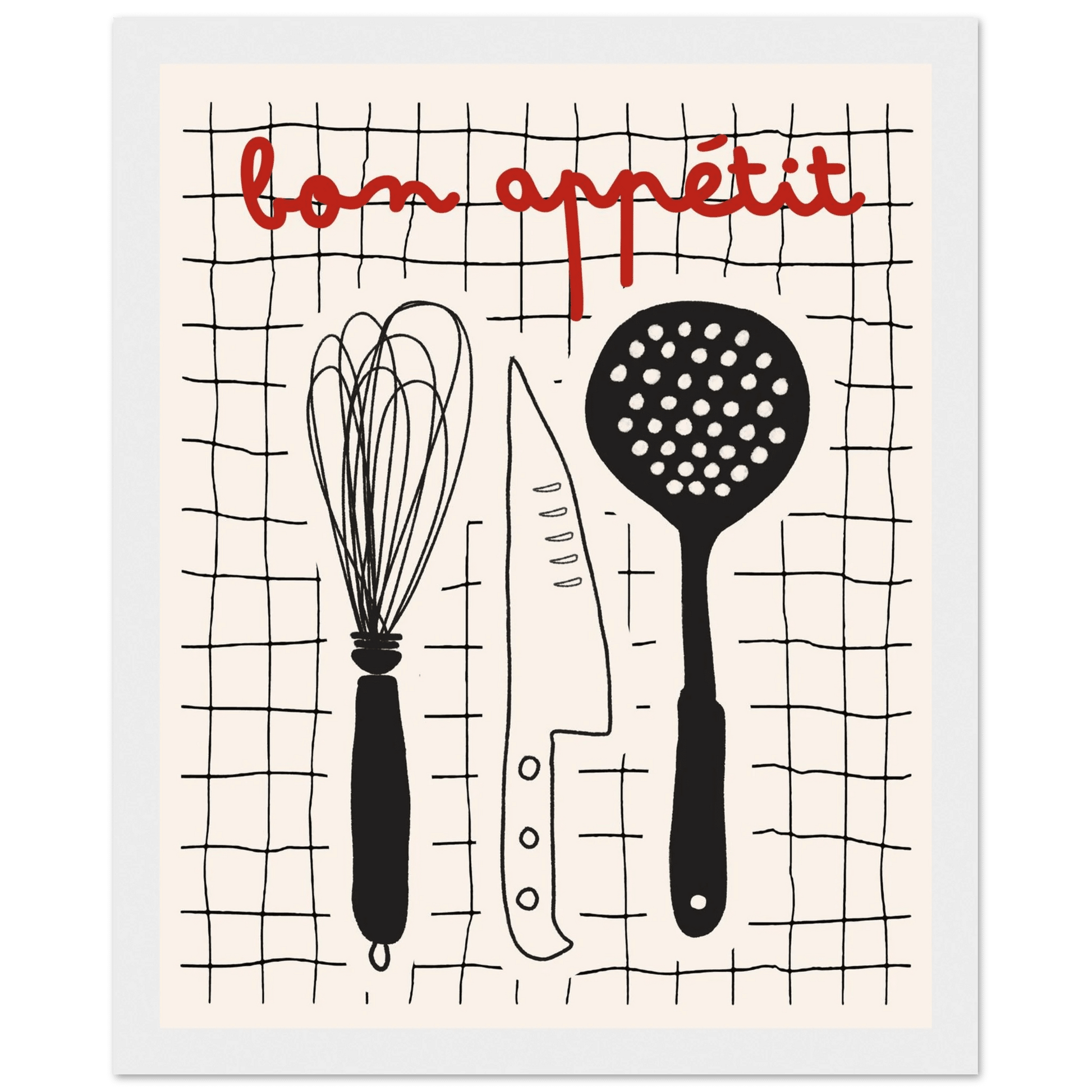 Bon Appétit French Kitchen Print | Bold Black Red Wall Art Poster - Evergreen Posters