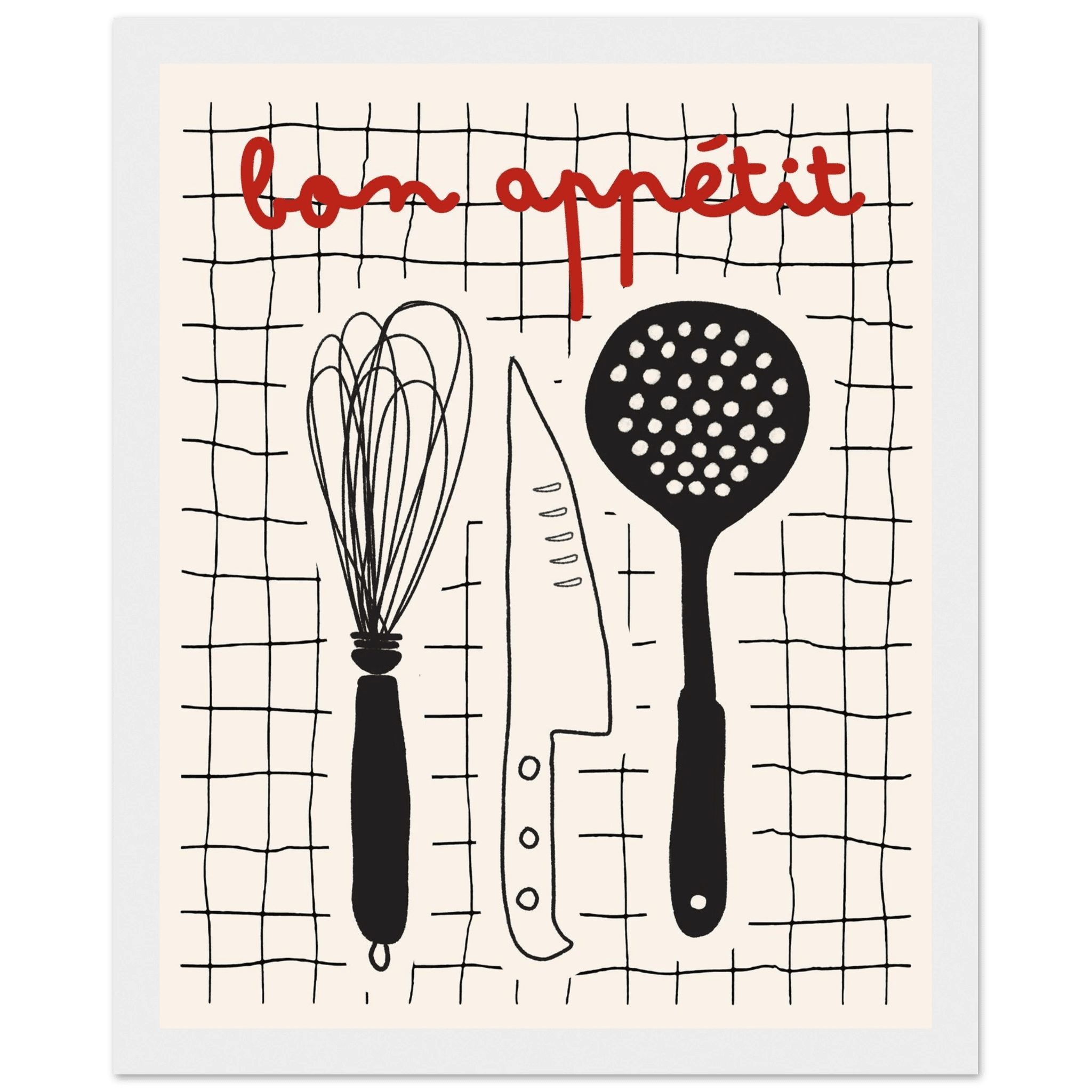 Bon Appétit French Kitchen Print | Bold Black Red Wall Art Poster - Evergreen Posters