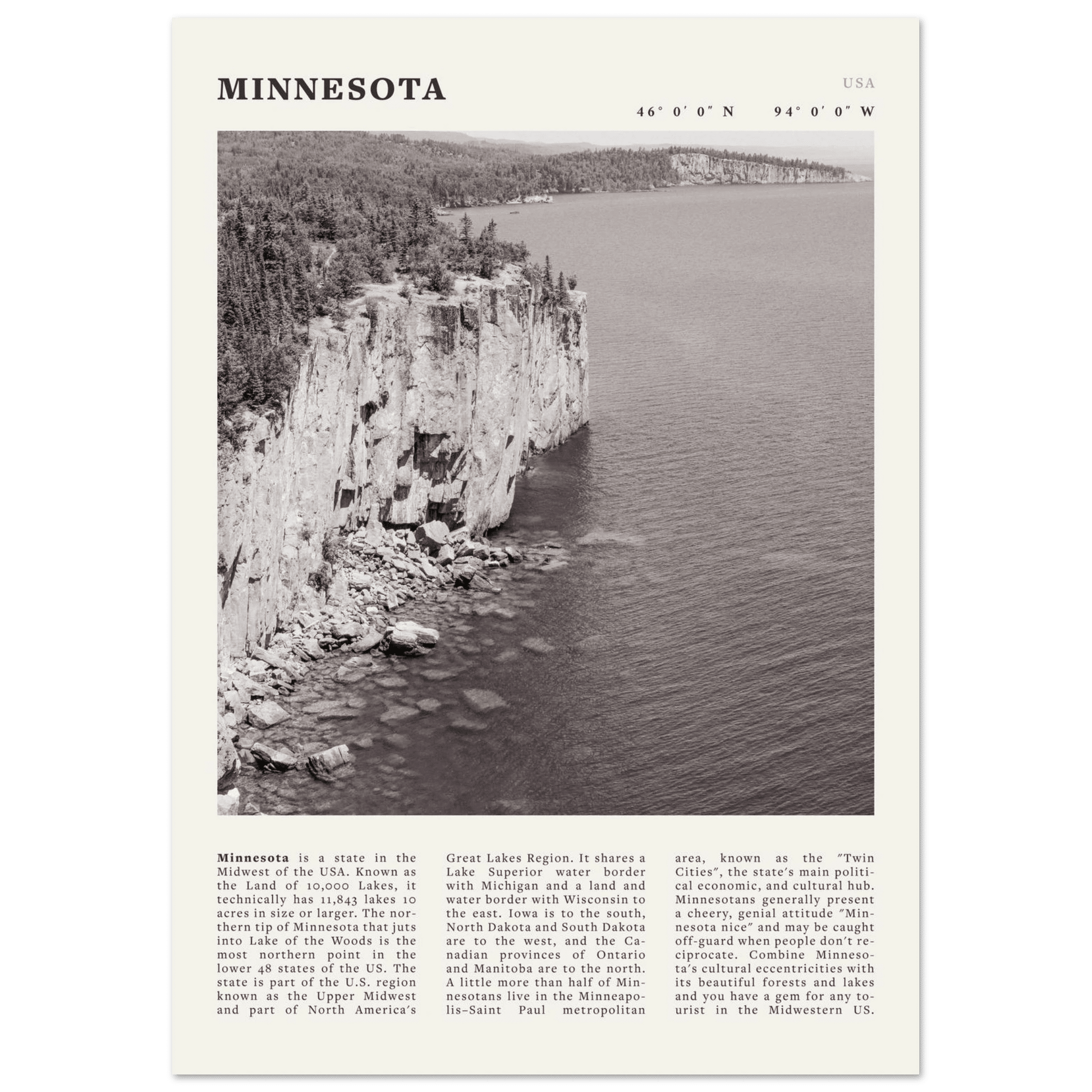 Minnesota Poster | Black & White Lake Superior Wall Art | USA Nature Travel Print - Evergreen Posters