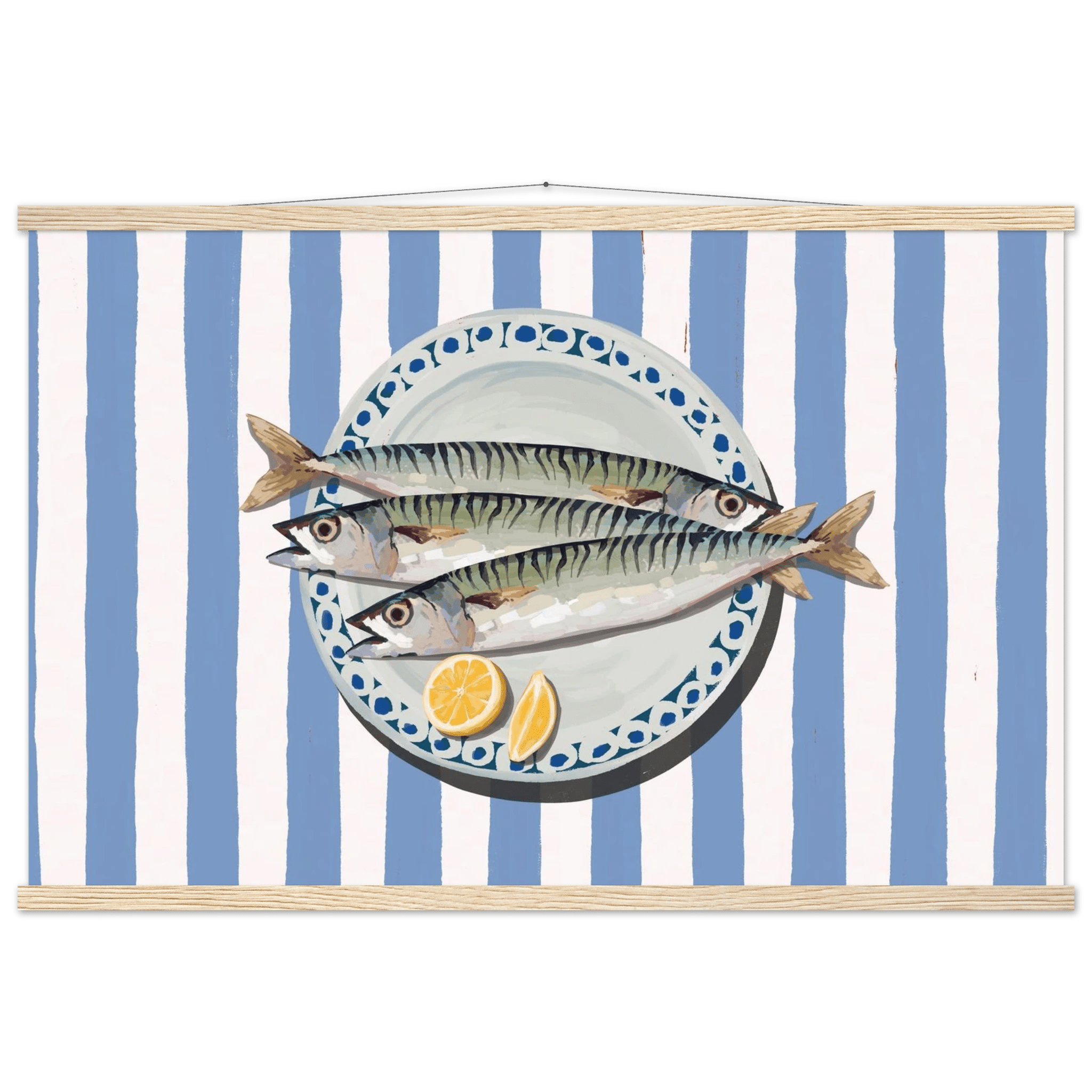 Sardines Print | Blue Stripe Fish Kitchen Wall Art | Coastal Food Poster - Evergreen Posters