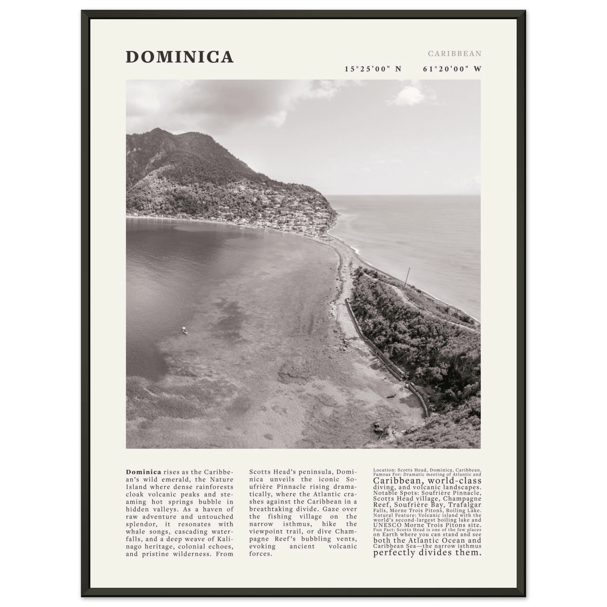 Dominica Poster Black and White – Vintage Caribbean Rainforest Island Print (Digital & Printed Options) - Evergreen Posters
