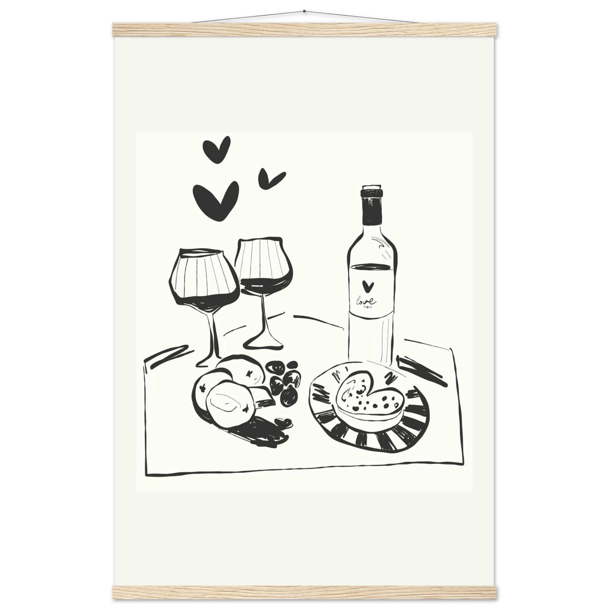 Wine for Two Print | Black Line Art Romantic Kitchen Wall Art | Couples Poster - Evergreen Posters