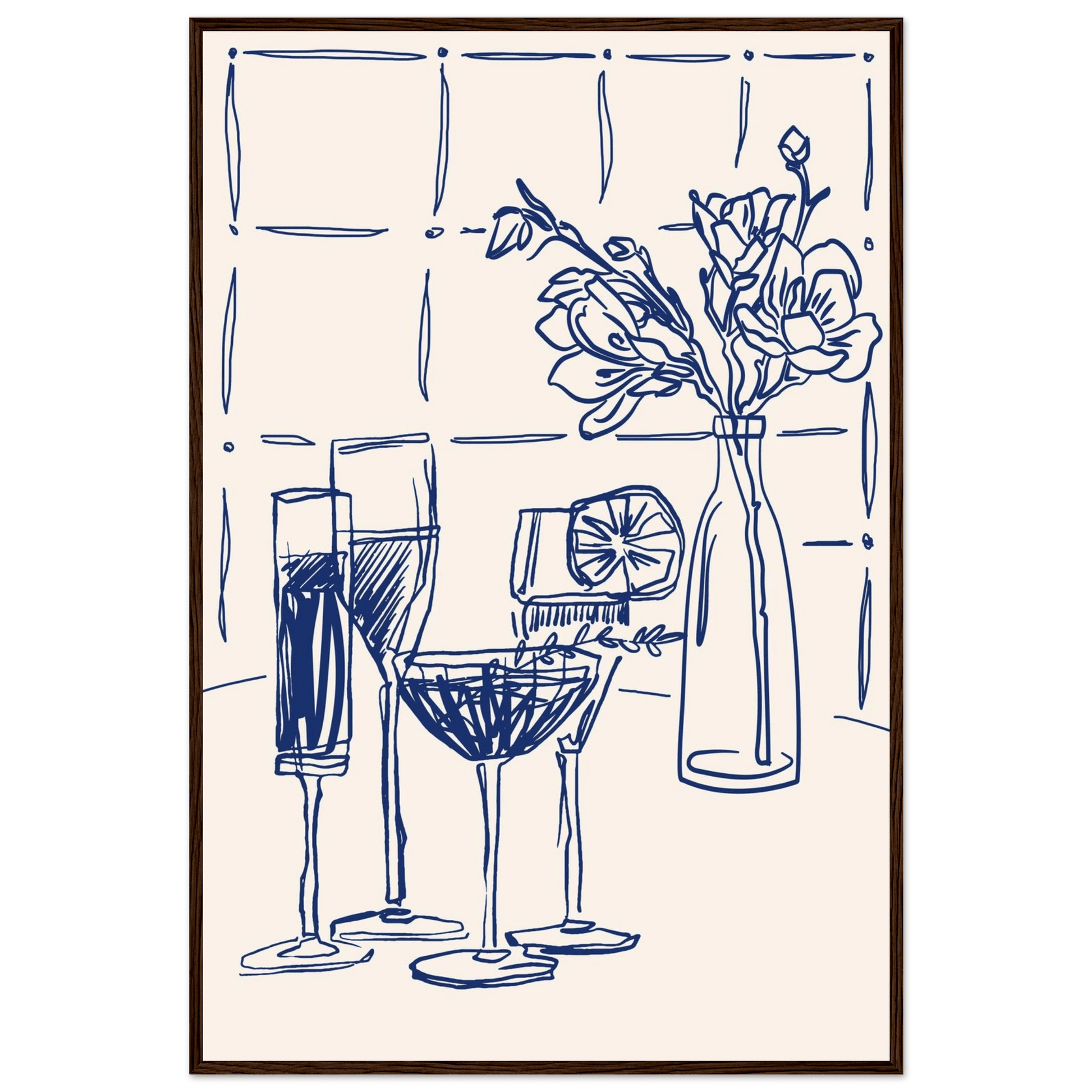 Cocktails & Flowers Print | Navy Blue Line Art Drinks Wall Art | Kitchen Bar Poster - Evergreen Posters
