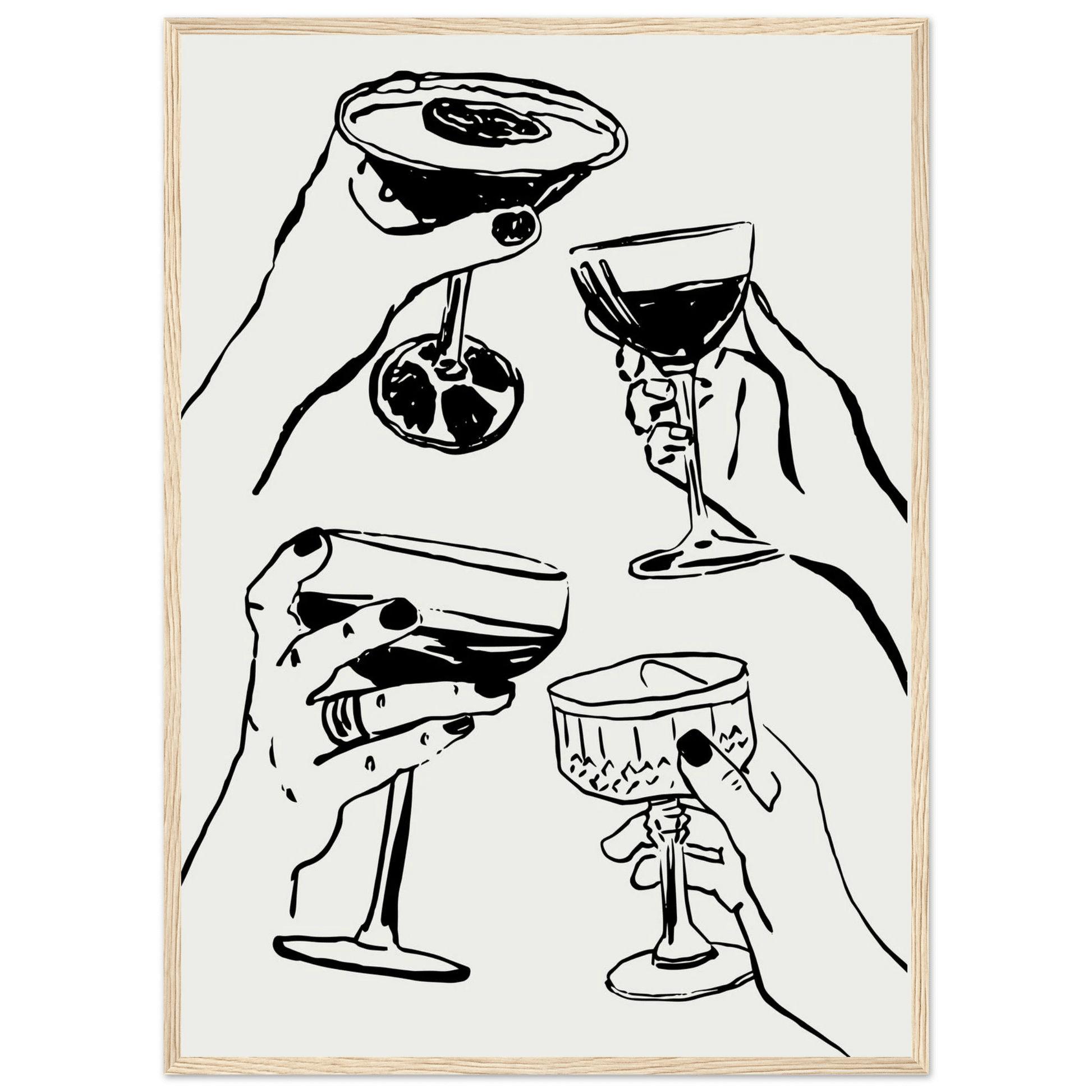 Cheers Print | Black Line Art Cocktail Glasses Wall Art | Kitchen Bar Poster - Evergreen Posters
