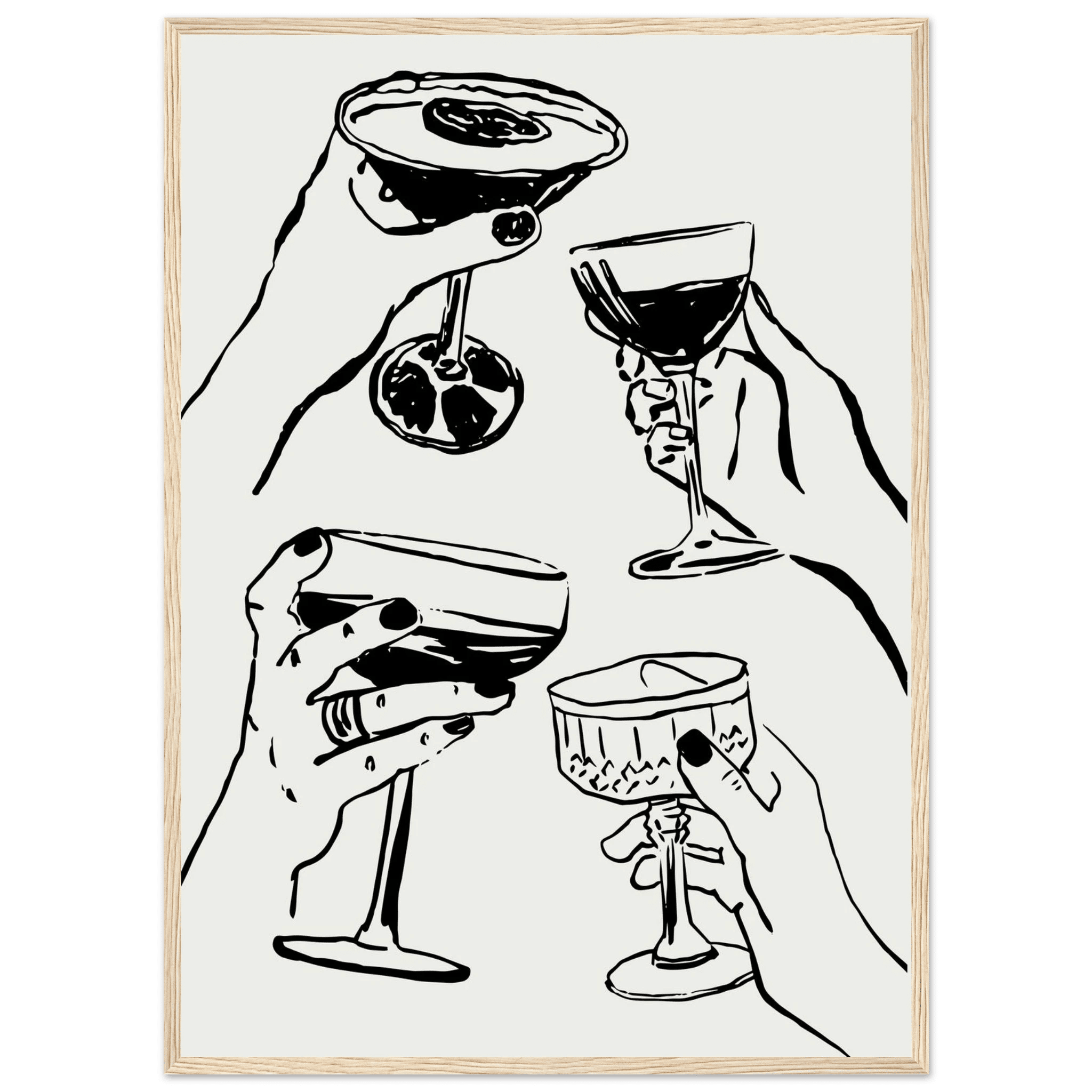 Cheers Print | Black Line Art Cocktail Glasses Wall Art | Kitchen Bar Poster - Evergreen Posters