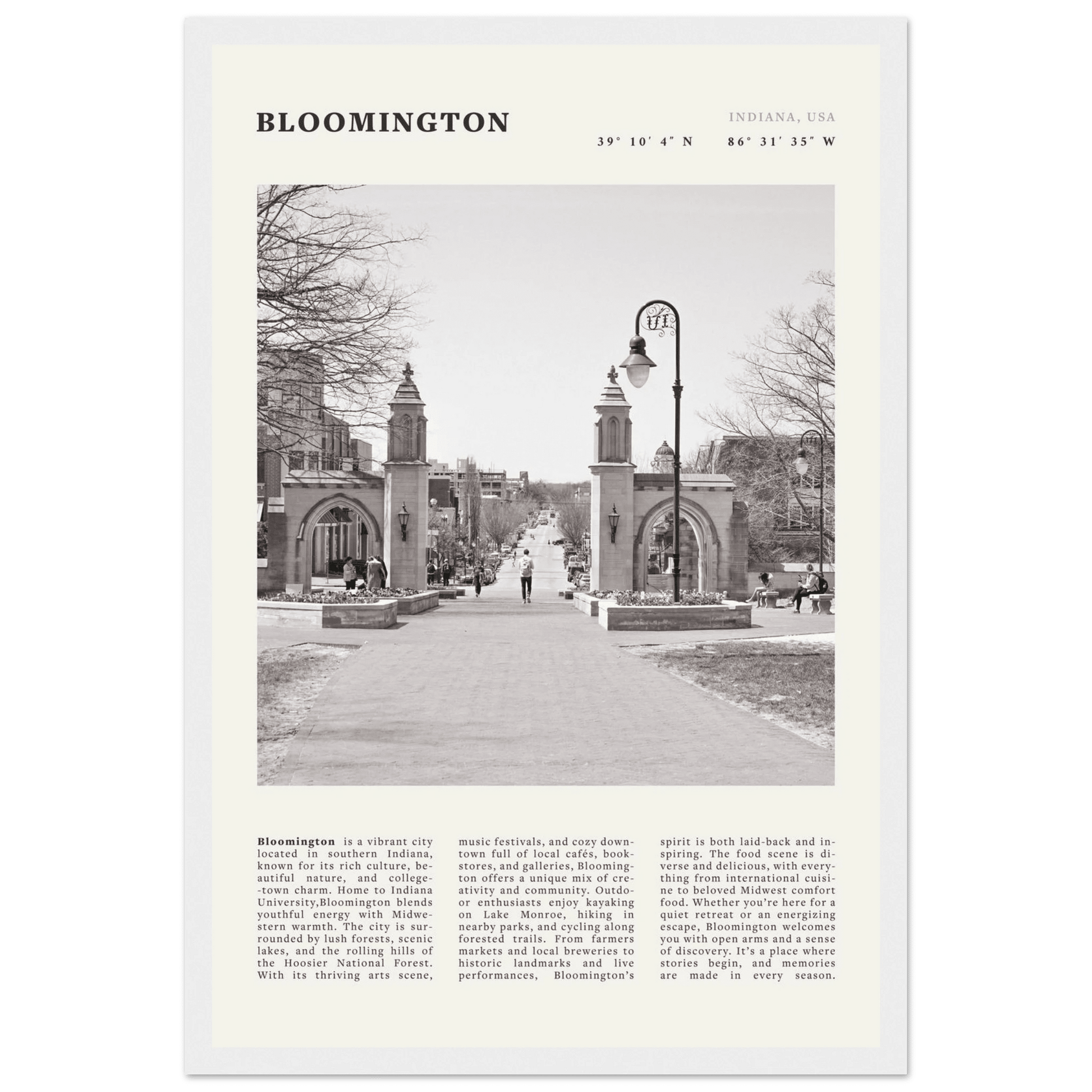 Bloomington Indiana Black and White Vintage Poster - Evergreen Posters