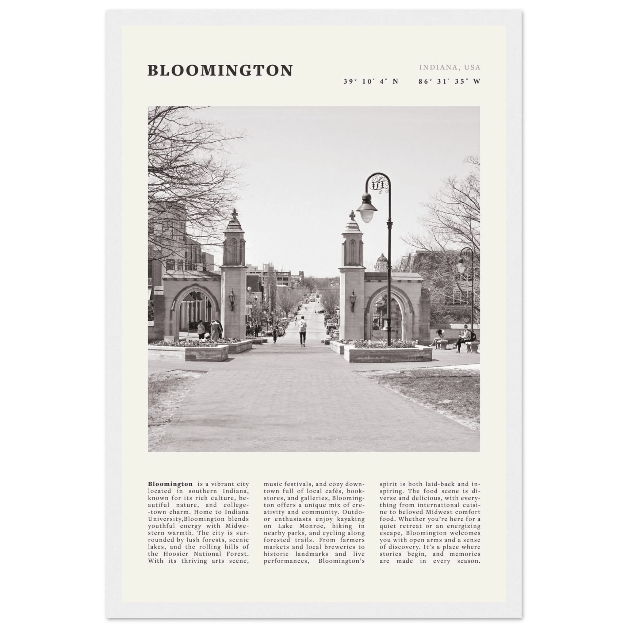 Bloomington Indiana Black and White Vintage Poster - Evergreen Posters