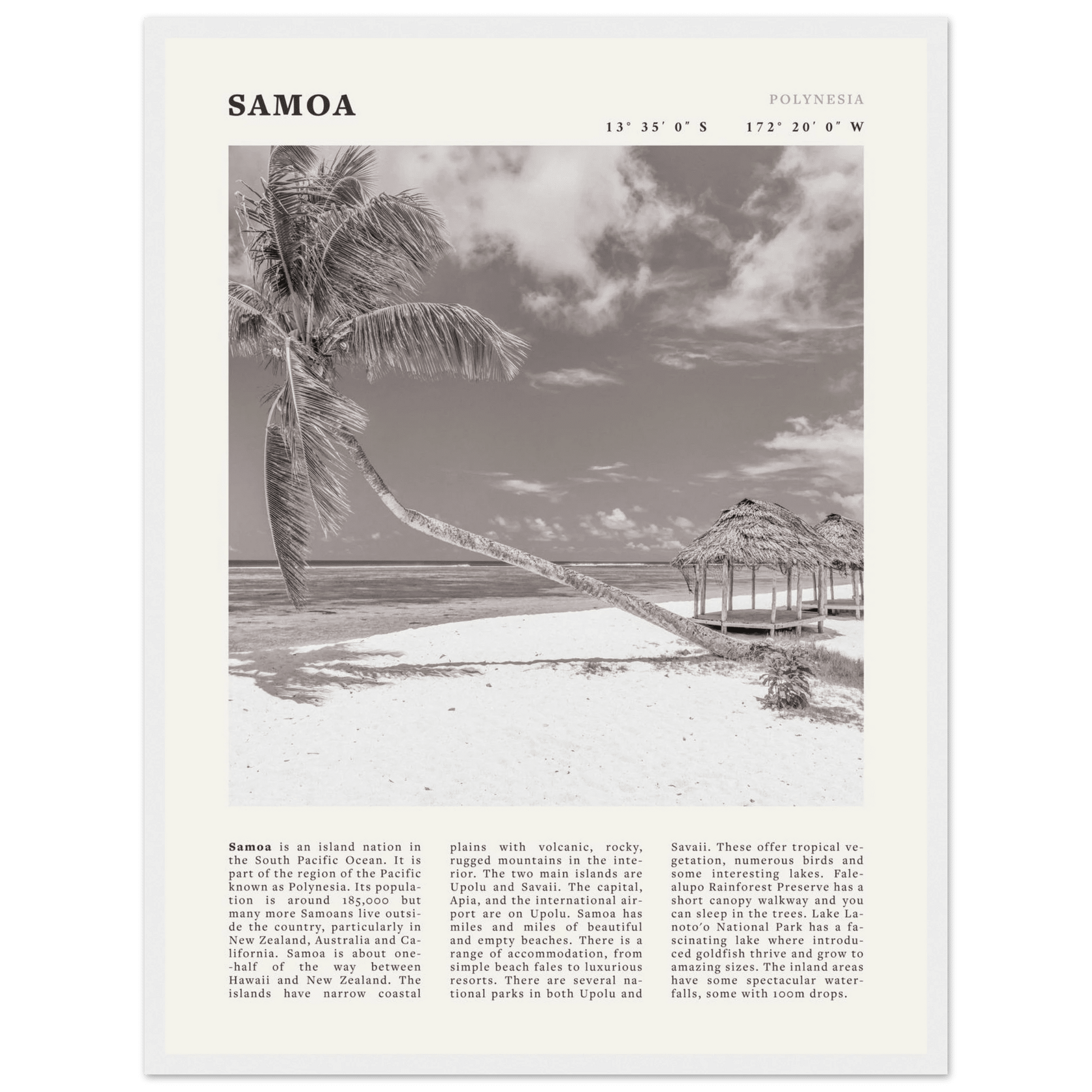 Samoa Poster | Black & White South Pacific Beach Wall Art | Polynesia Travel Print - Evergreen Posters