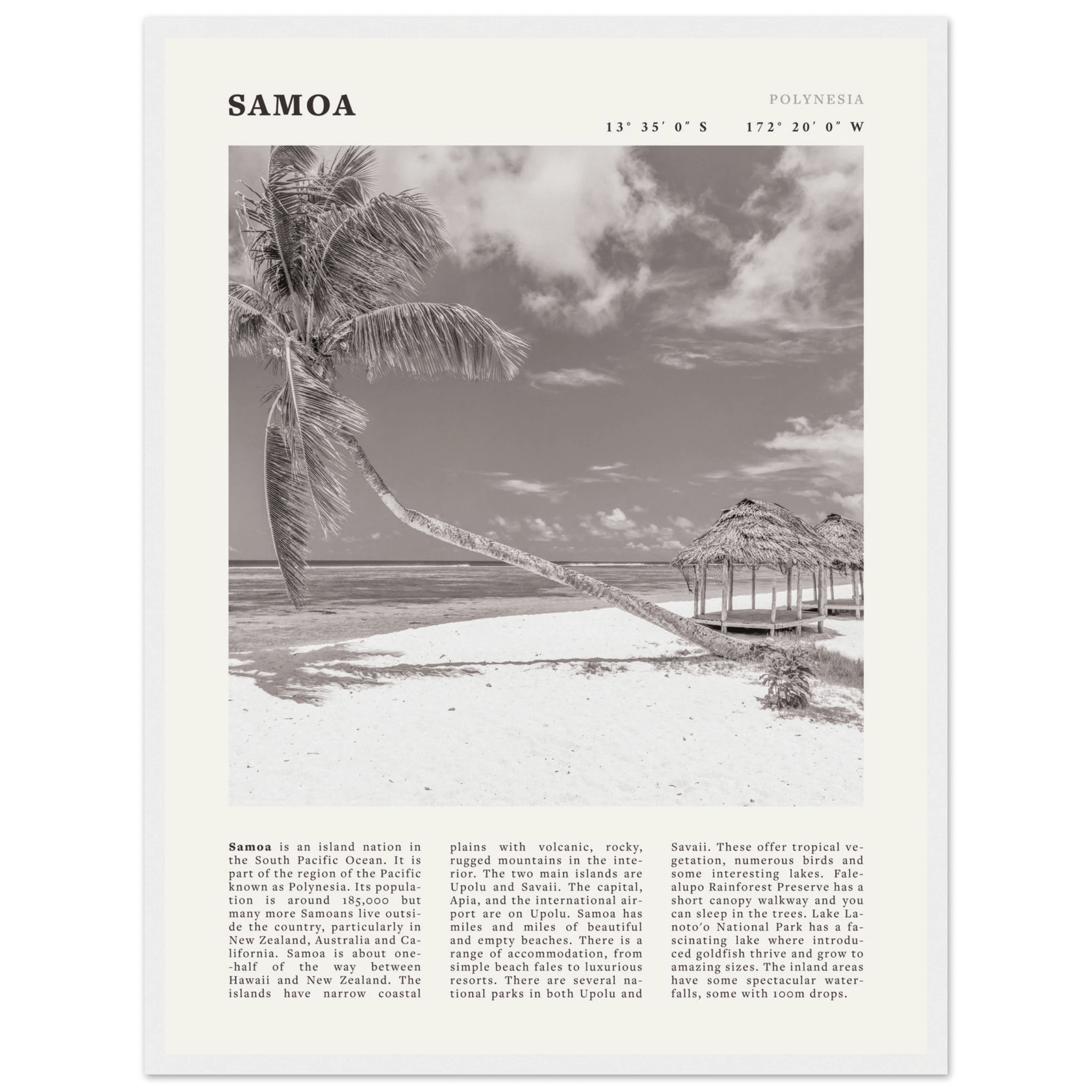 Samoa Poster | Black & White South Pacific Beach Wall Art | Polynesia Travel Print - Evergreen Posters
