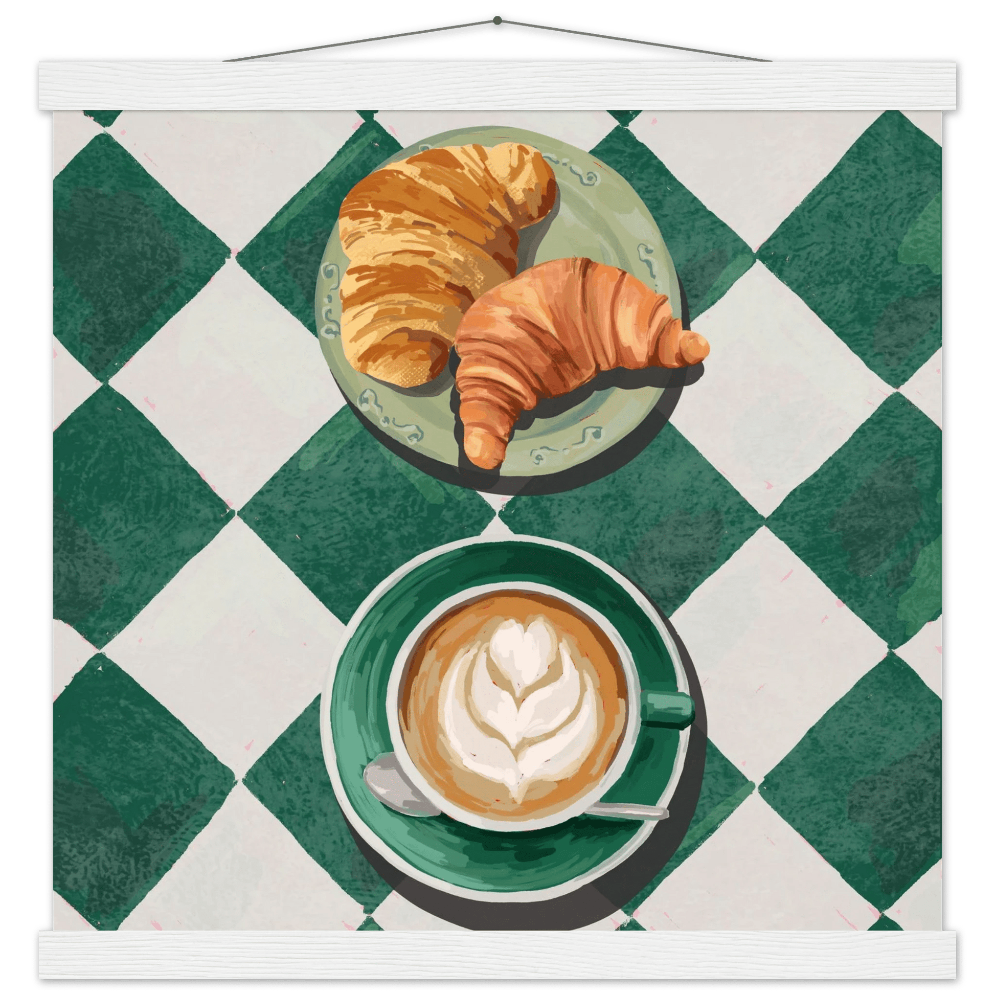 Croissant & Latte Poster | Classic Kitchen Wall Art | Green Tile Square Breakfast Print - Evergreen Posters - 18