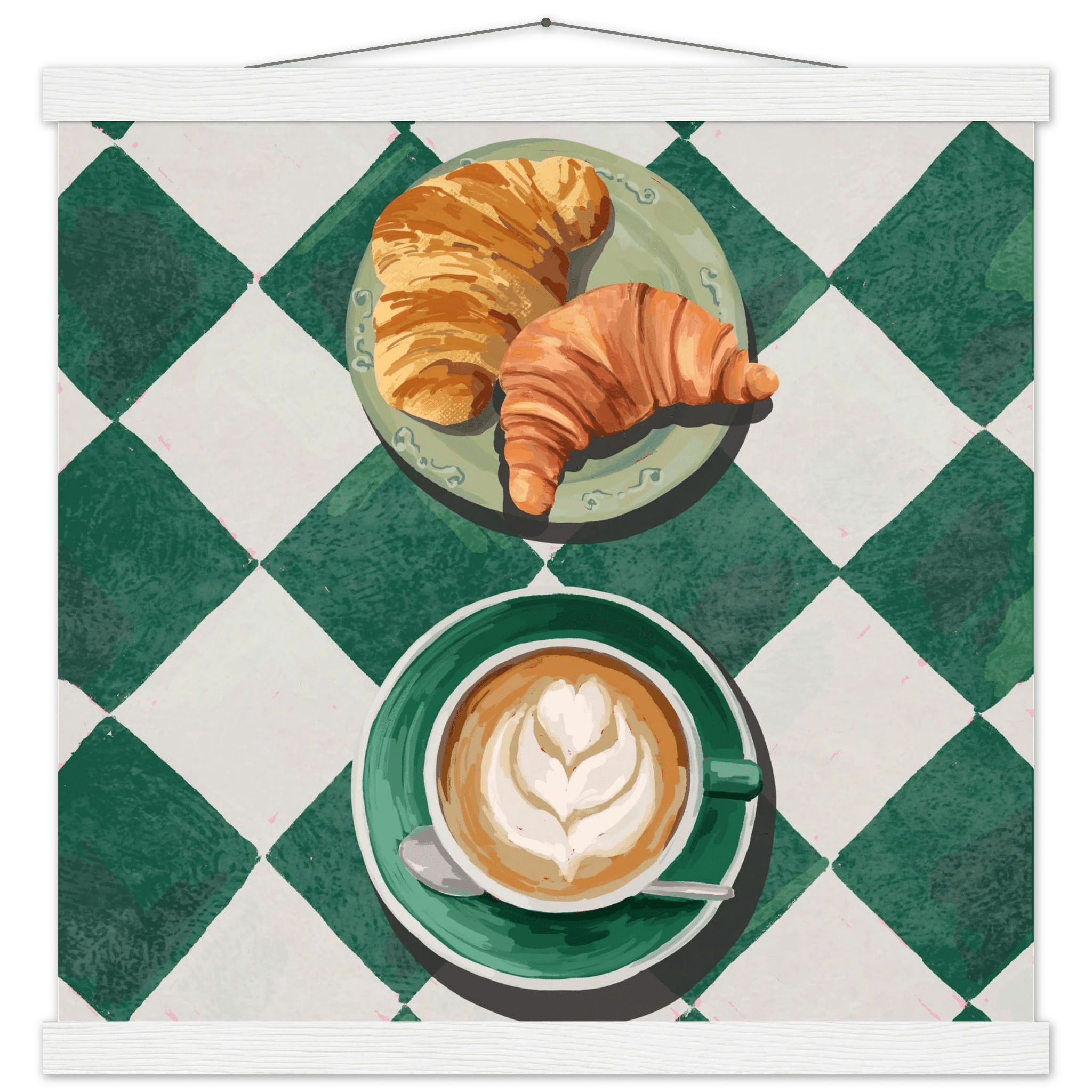 Croissant & Latte Poster | Classic Kitchen Wall Art | Green Tile Square Breakfast Print - Evergreen Posters - 18