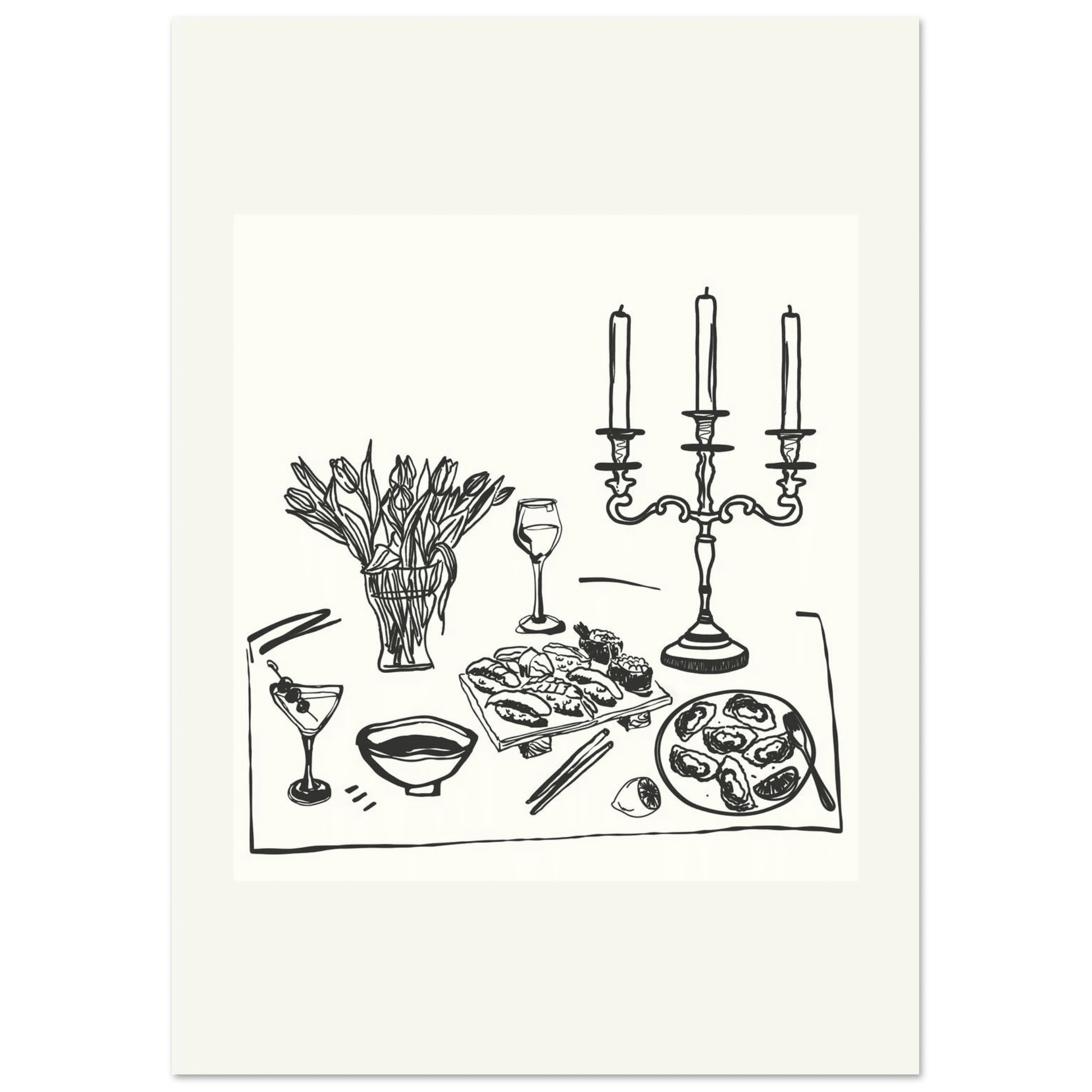 Fine Dining Table Print | Black Line Art Kitchen Wall Art | Elegant Dining Room Poster - Evergreen Posters