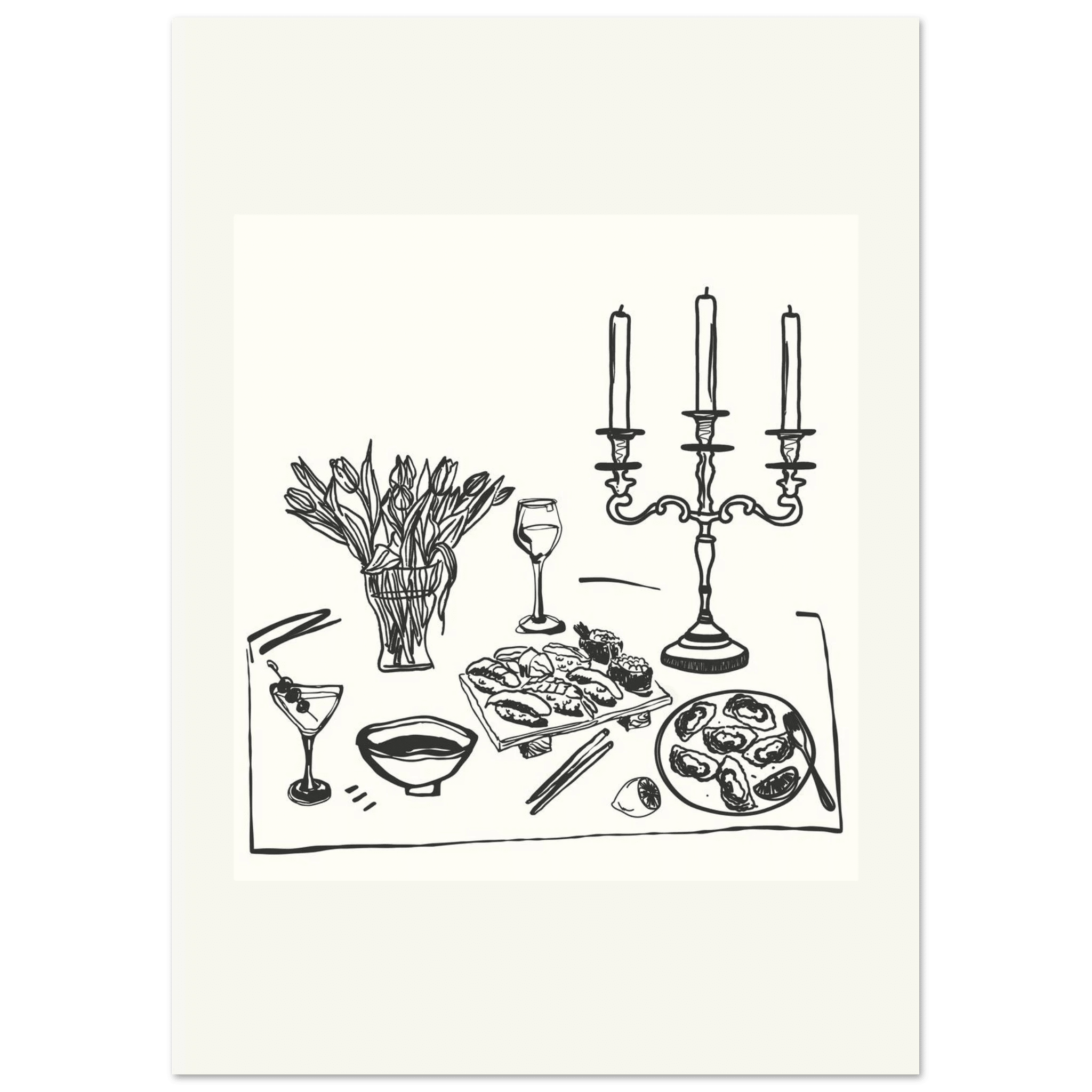 Fine Dining Table Print | Black Line Art Kitchen Wall Art | Elegant Dining Room Poster - Evergreen Posters