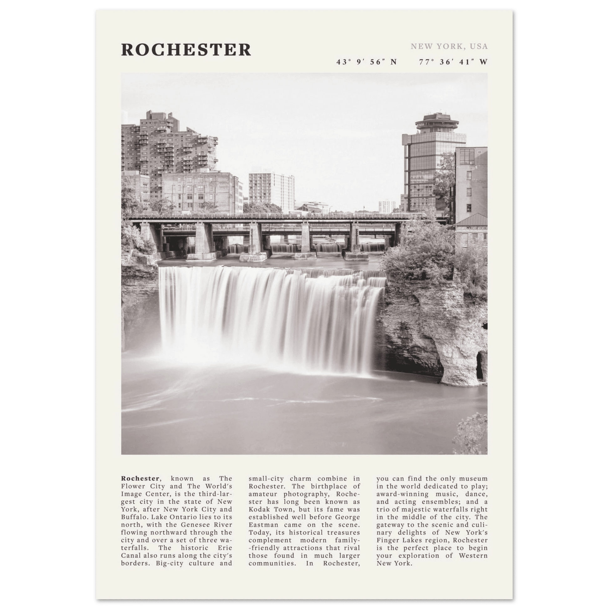 Rochester Poster | Black & White High Falls Wall Art | New York Travel Print - Evergreen Posters