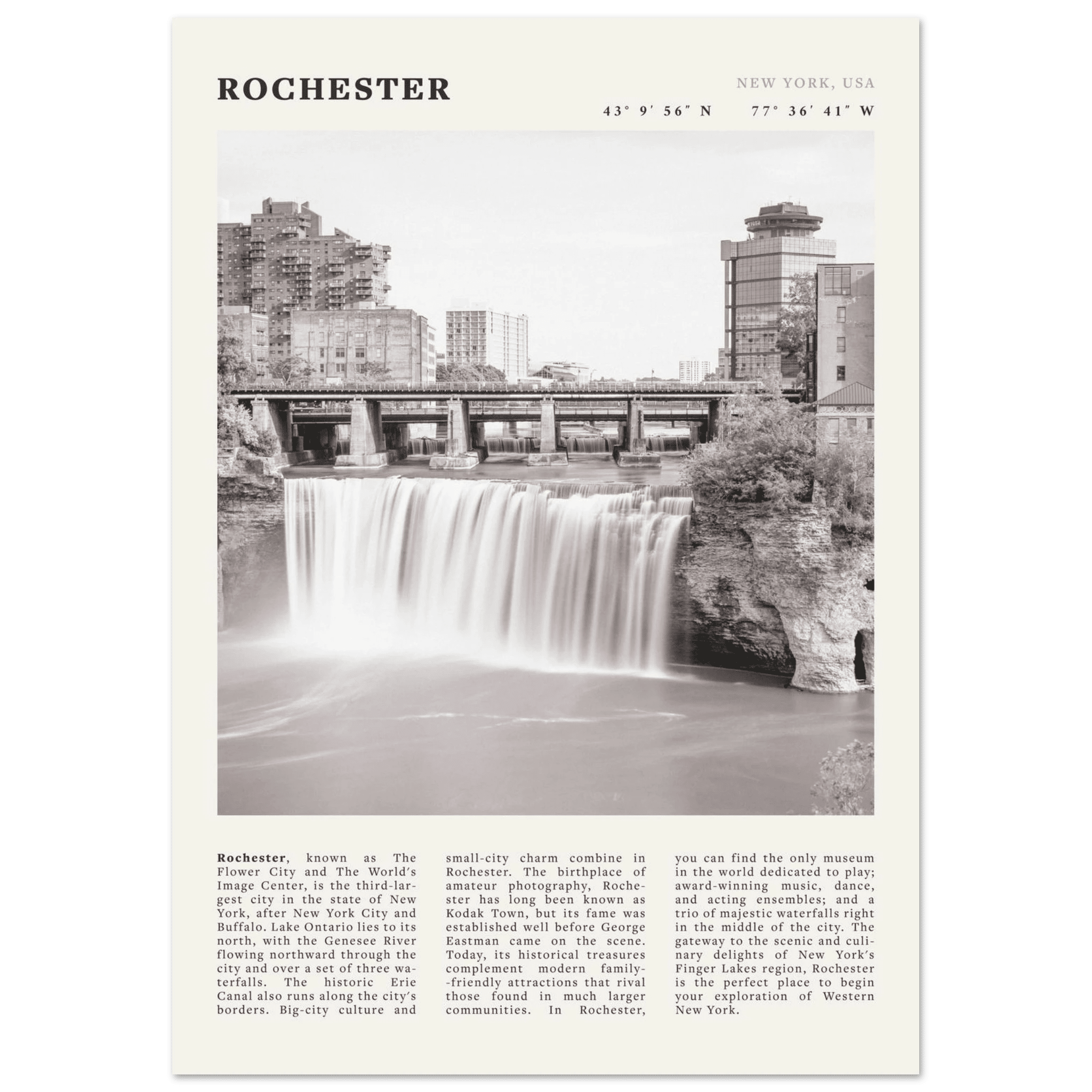 Rochester Poster | Black & White High Falls Wall Art | New York Travel Print - Evergreen Posters