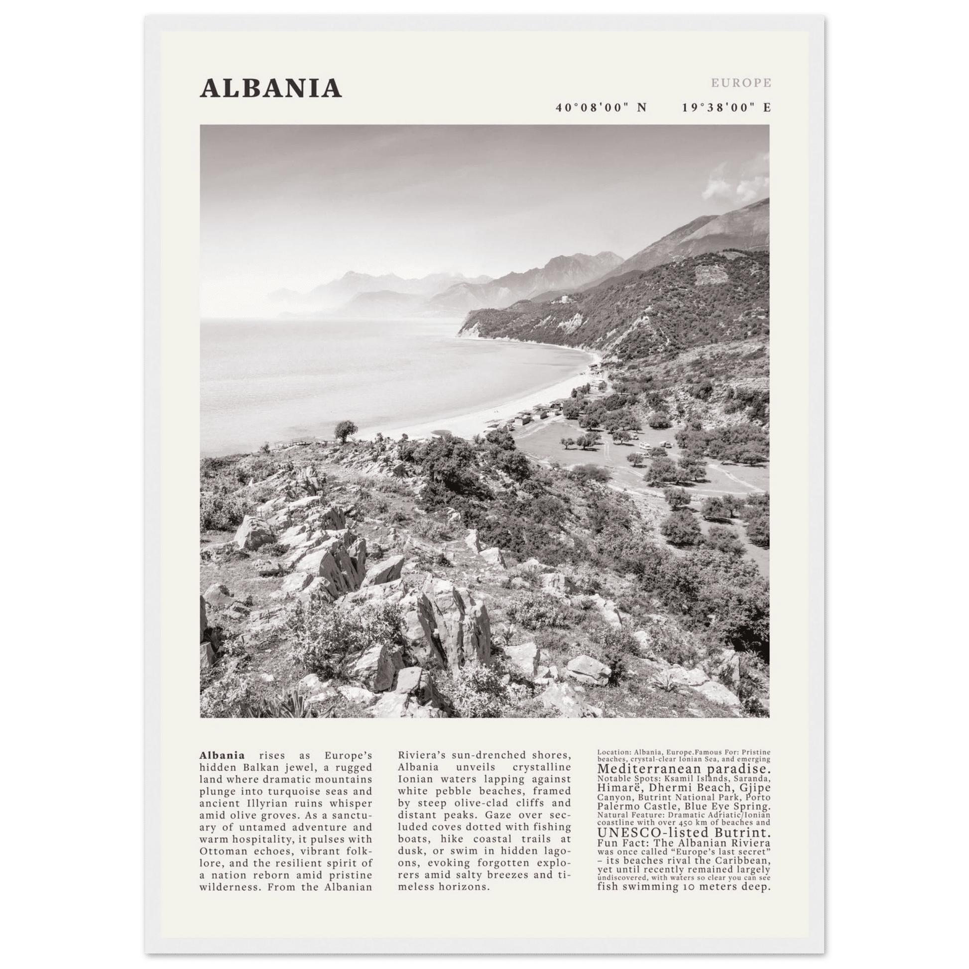 Albania Poster Black and White – Vintage Albanian Riviera Travel Print (Digital & Printed Options) - Evergreen Posters