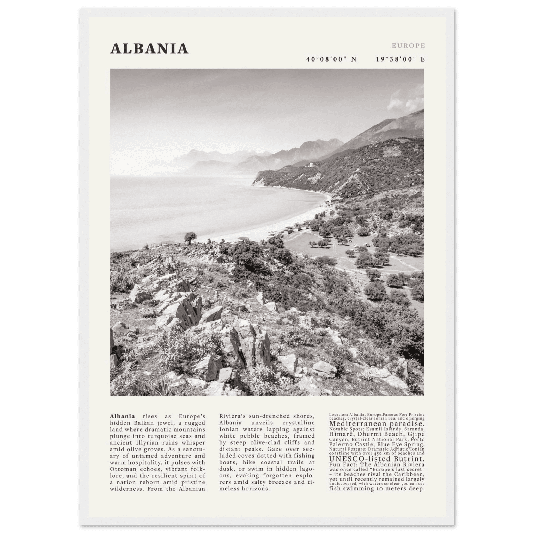 Albania Poster Black and White – Vintage Albanian Riviera Travel Print (Digital & Printed Options) - Evergreen Posters