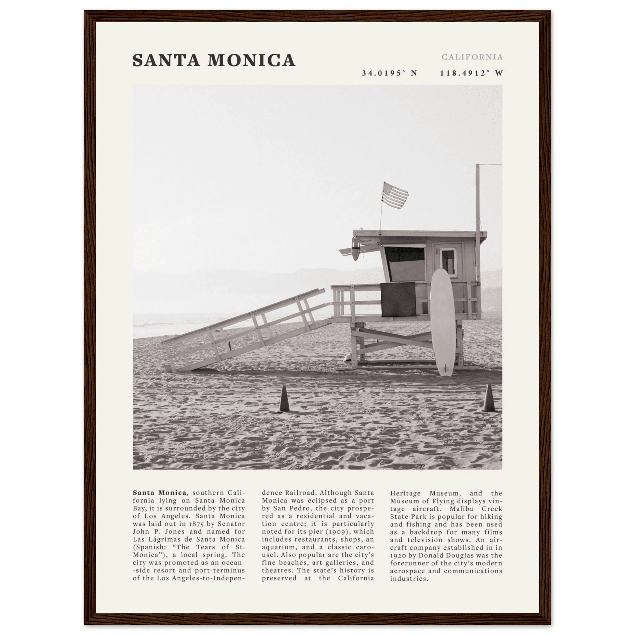 Santa Monica Poster | Black & White California Wall Art | Beach Travel Print | Coastal Decor - Evergreen Posters