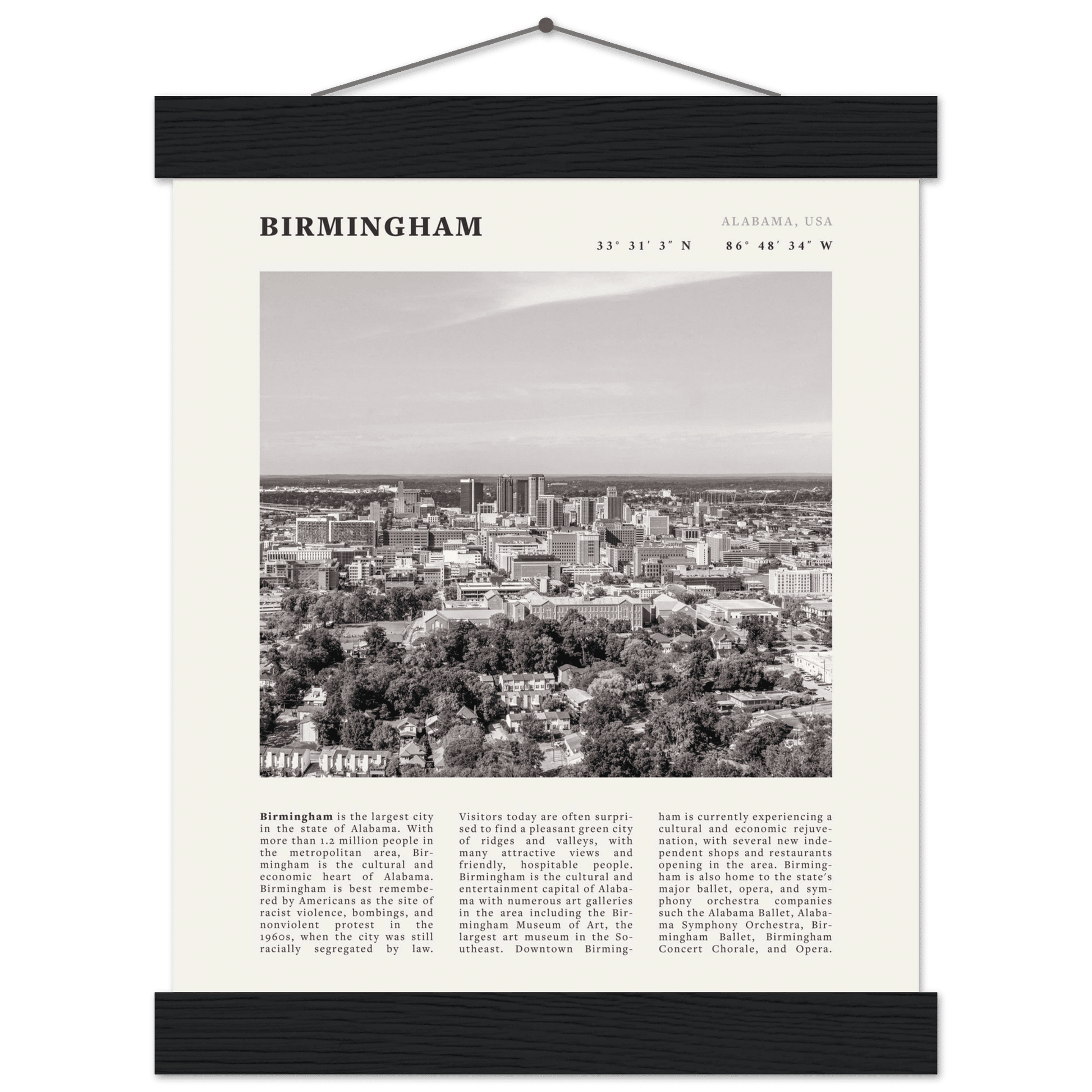 Birmingham Poster | Black & White Alabama Skyline Wall Art | AL Travel Print - Evergreen Posters