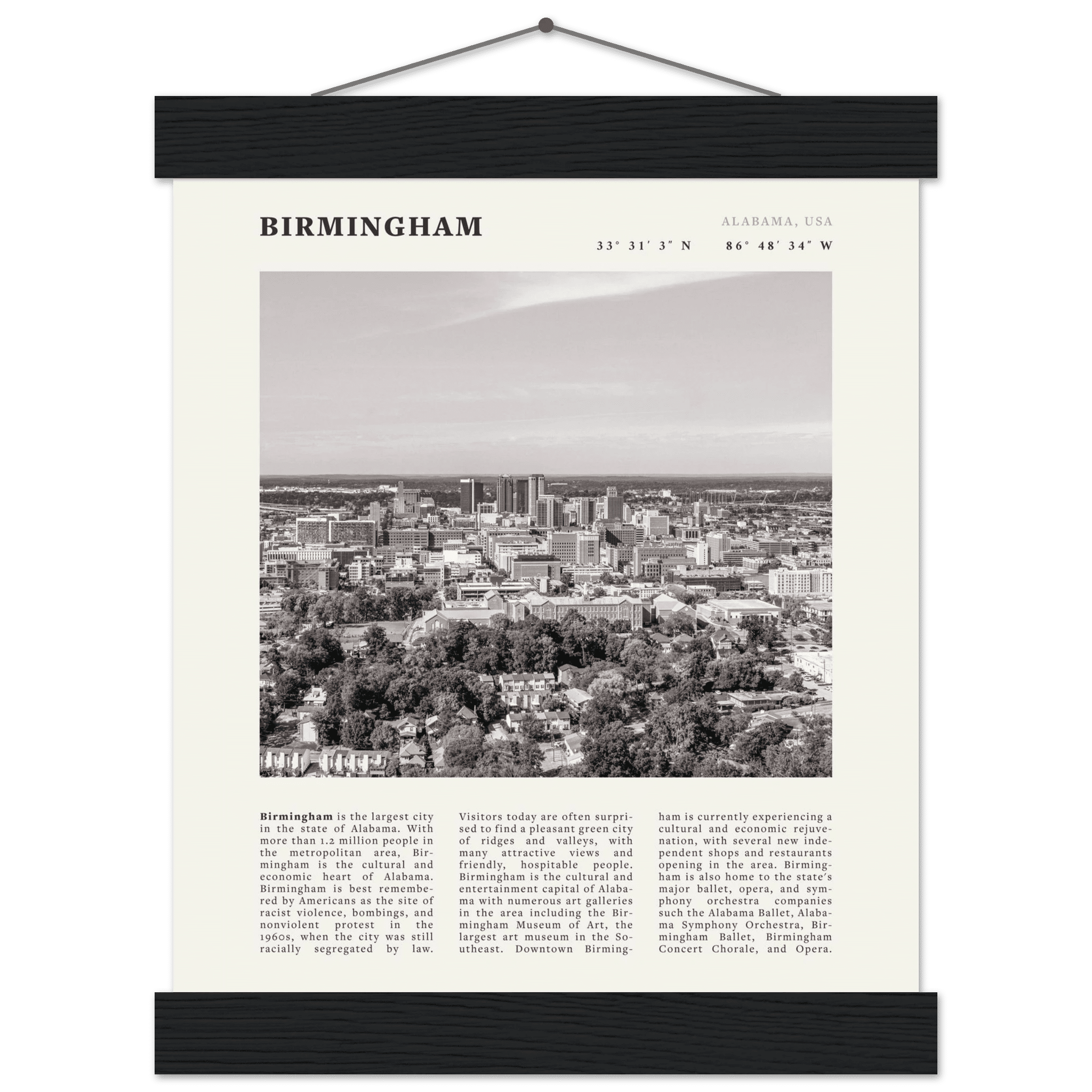 Birmingham Poster | Black & White Alabama Skyline Wall Art | AL Travel Print - Evergreen Posters