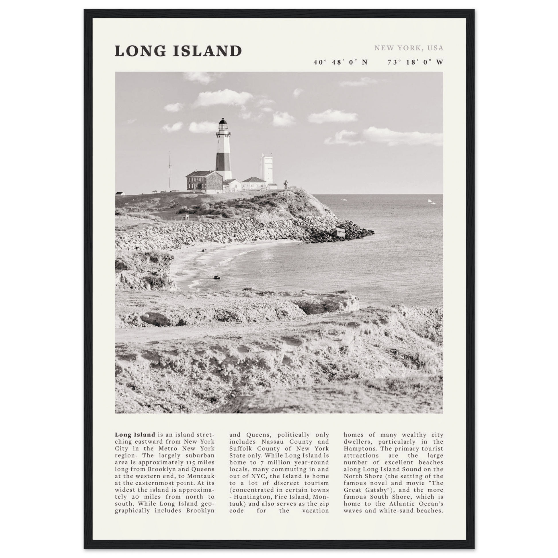 Long Island Poster | Black & White Montauk Lighthouse Wall Art | New York Print - Evergreen Posters