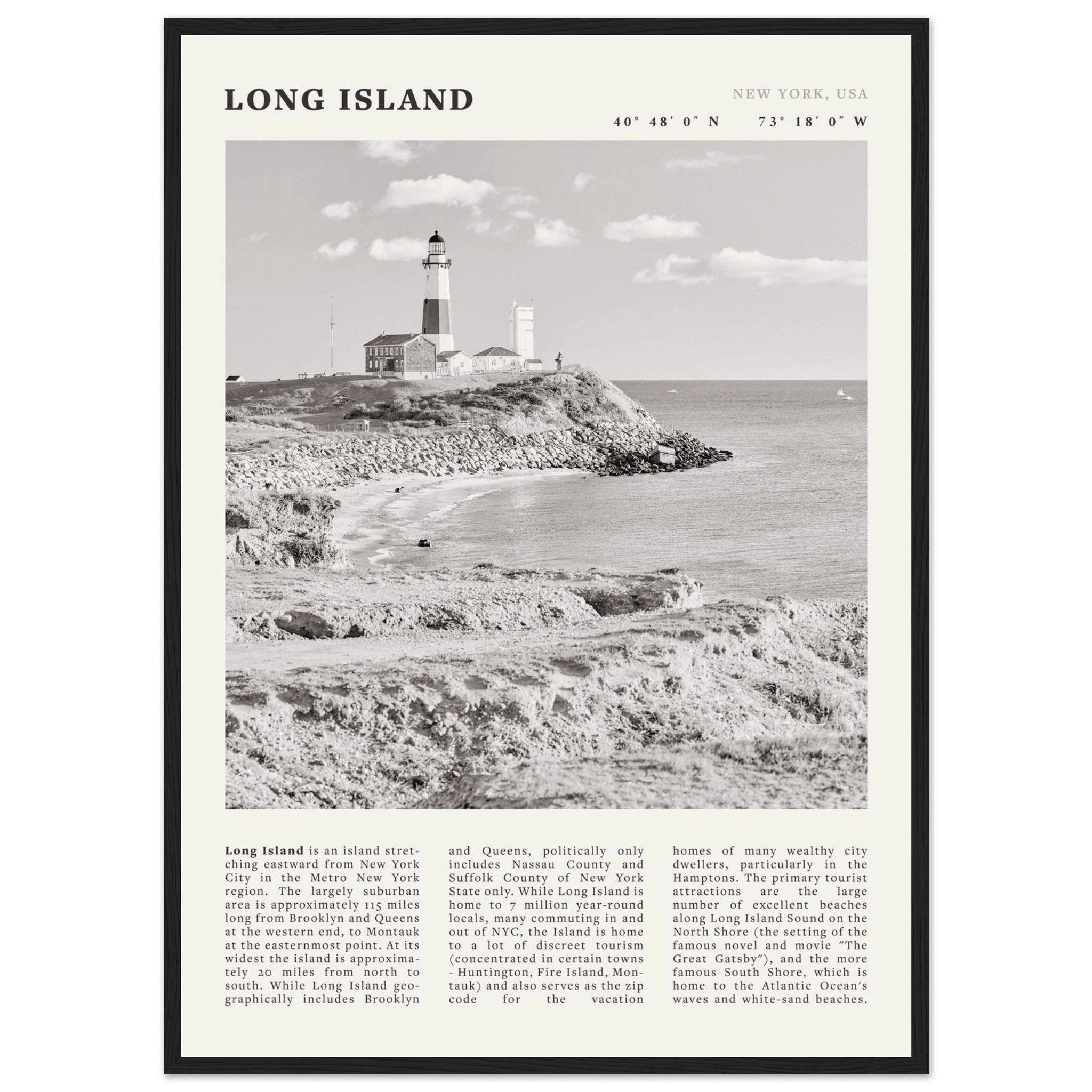 Long Island Poster | Black & White Montauk Lighthouse Wall Art | New York Print - Evergreen Posters