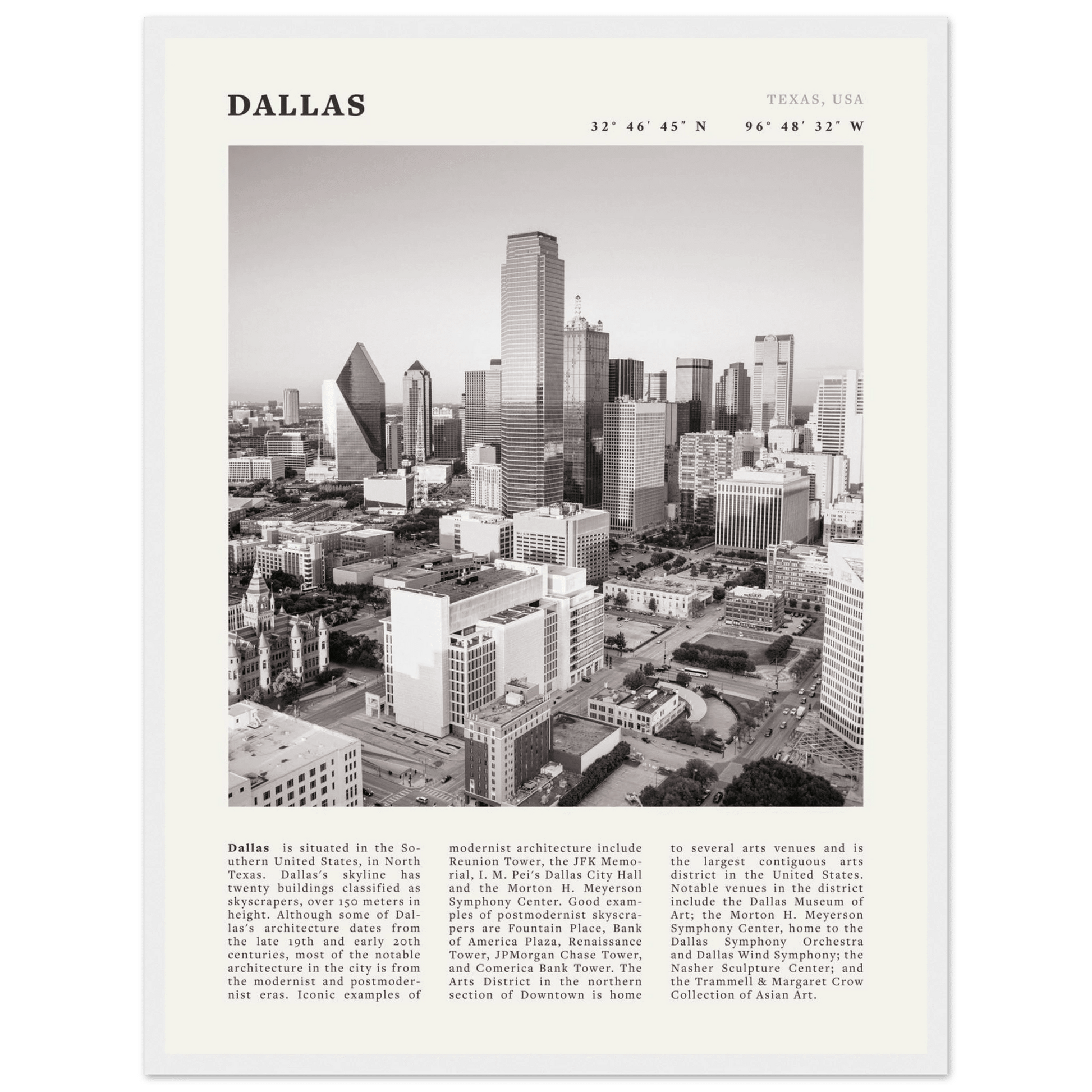 Dallas Poster | Black & White Texas Skyline Wall Art | City Travel Print Decor - Evergreen Posters