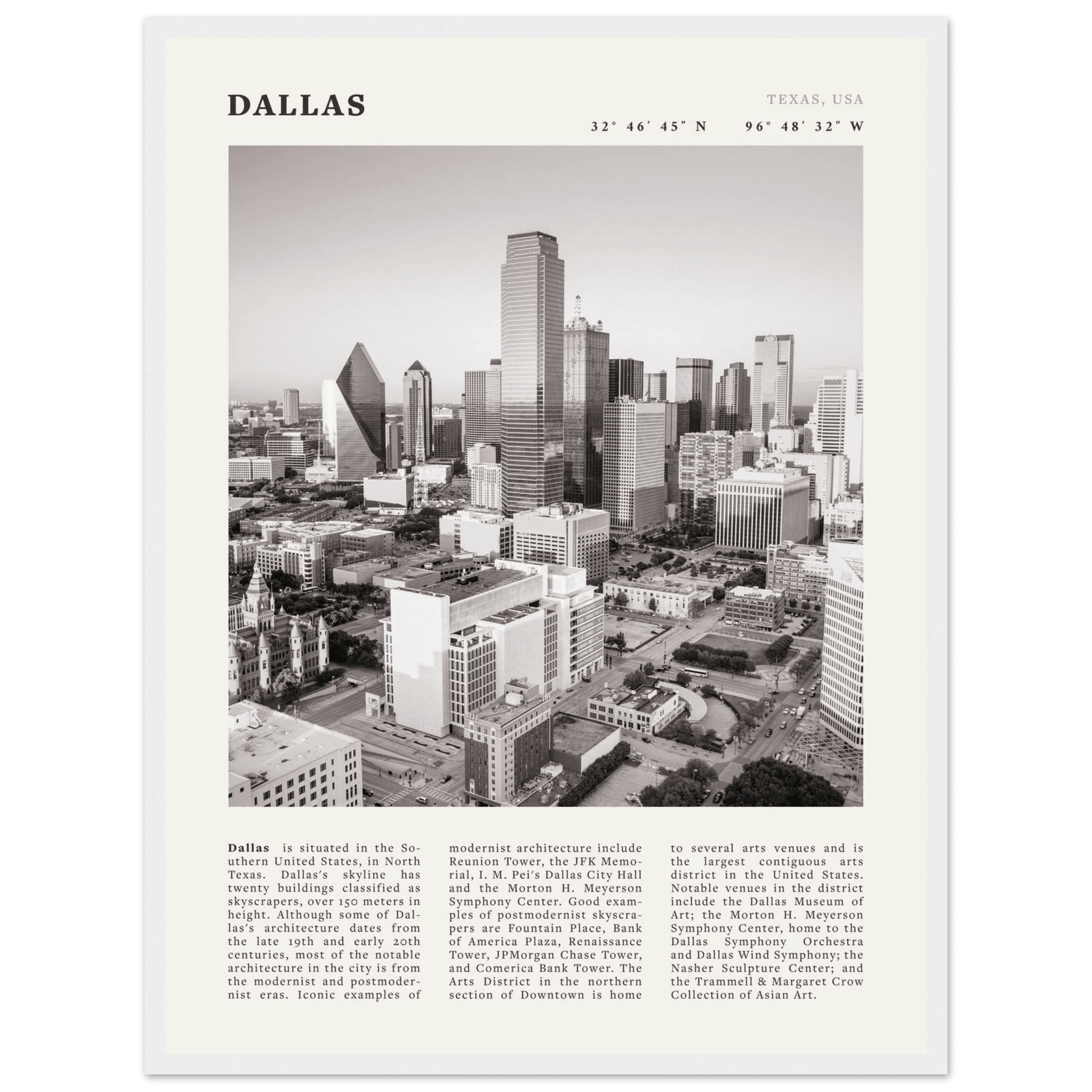 Dallas Poster | Black & White Texas Skyline Wall Art | City Travel Print Decor - Evergreen Posters