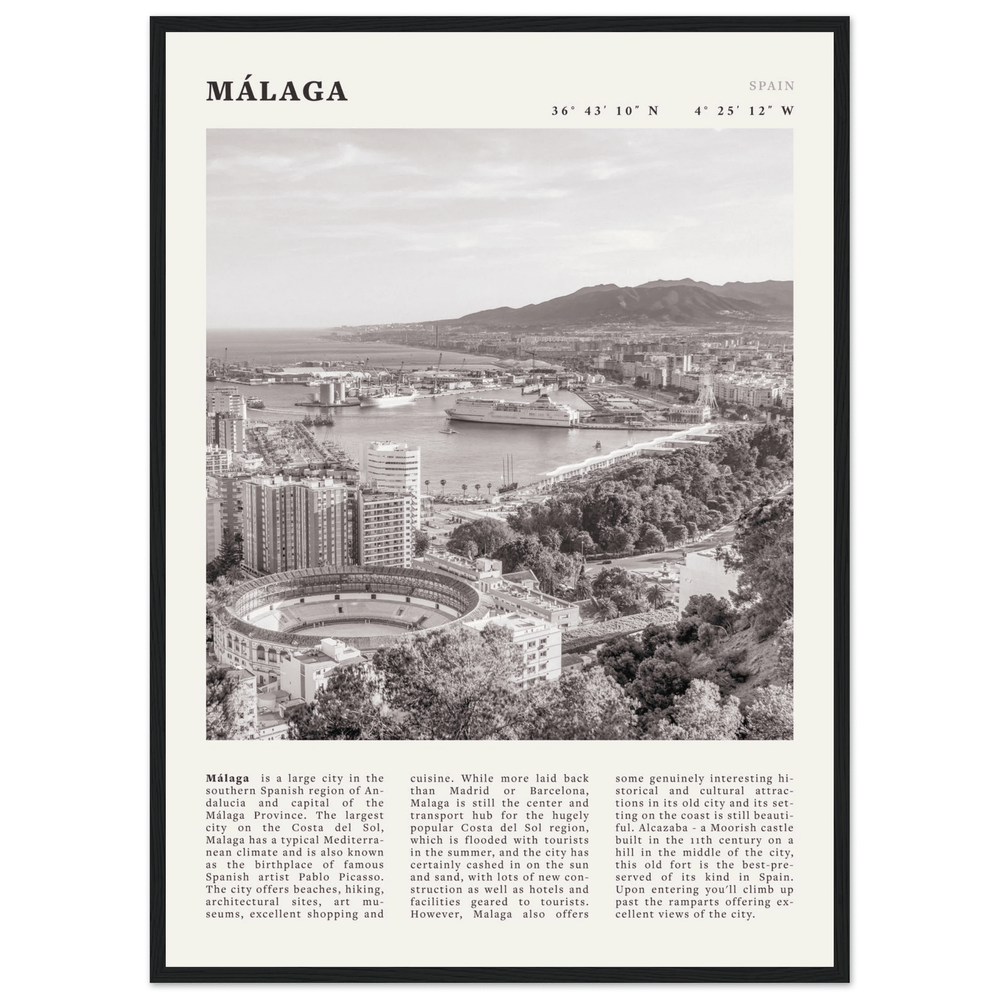 Málaga Poster | Black & White Costa del Sol Wall Art | Spain Travel Print - Evergreen Posters