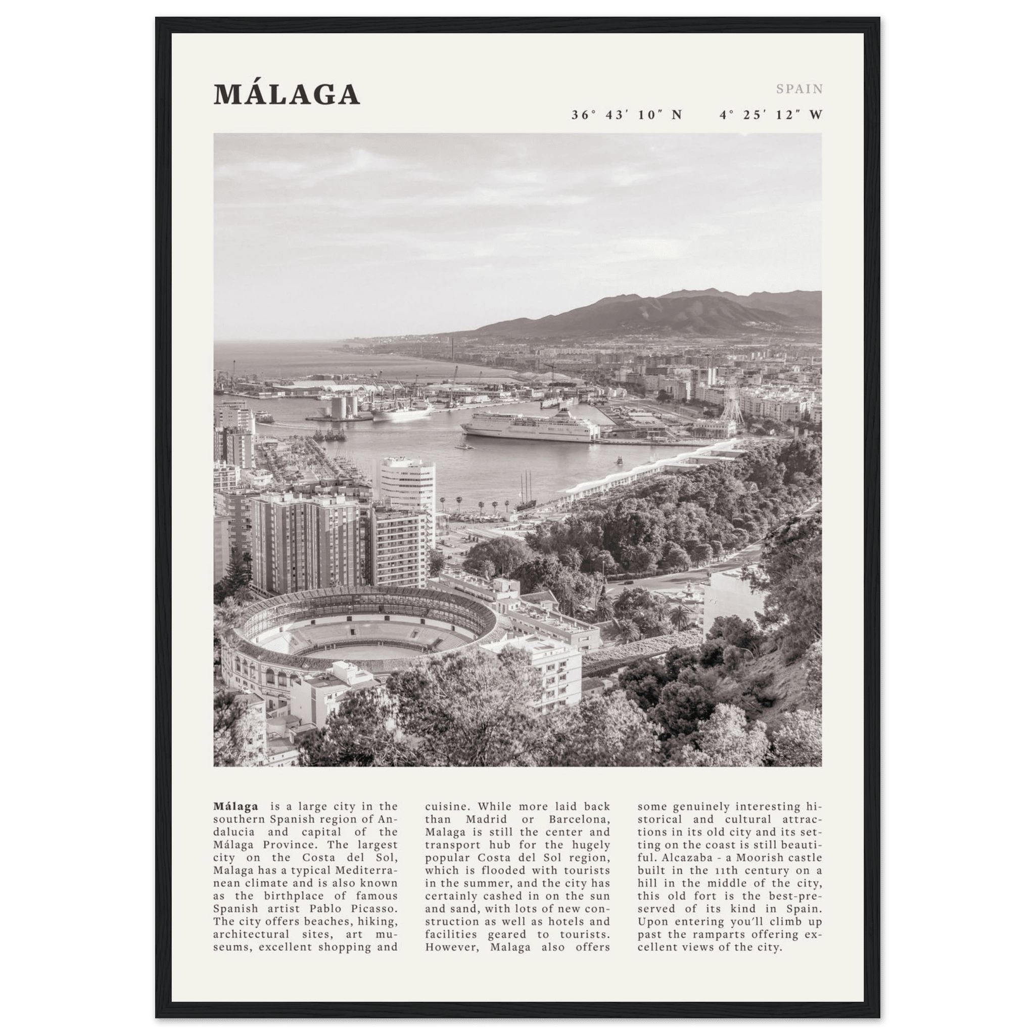 Málaga Poster | Black & White Costa del Sol Wall Art | Spain Travel Print - Evergreen Posters