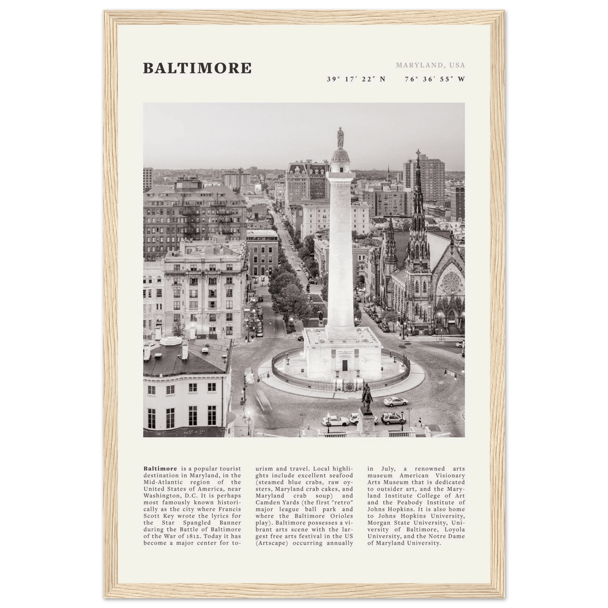 Baltimore Poster | Black & White Maryland City Wall Art | USA Travel Print - Evergreen Posters