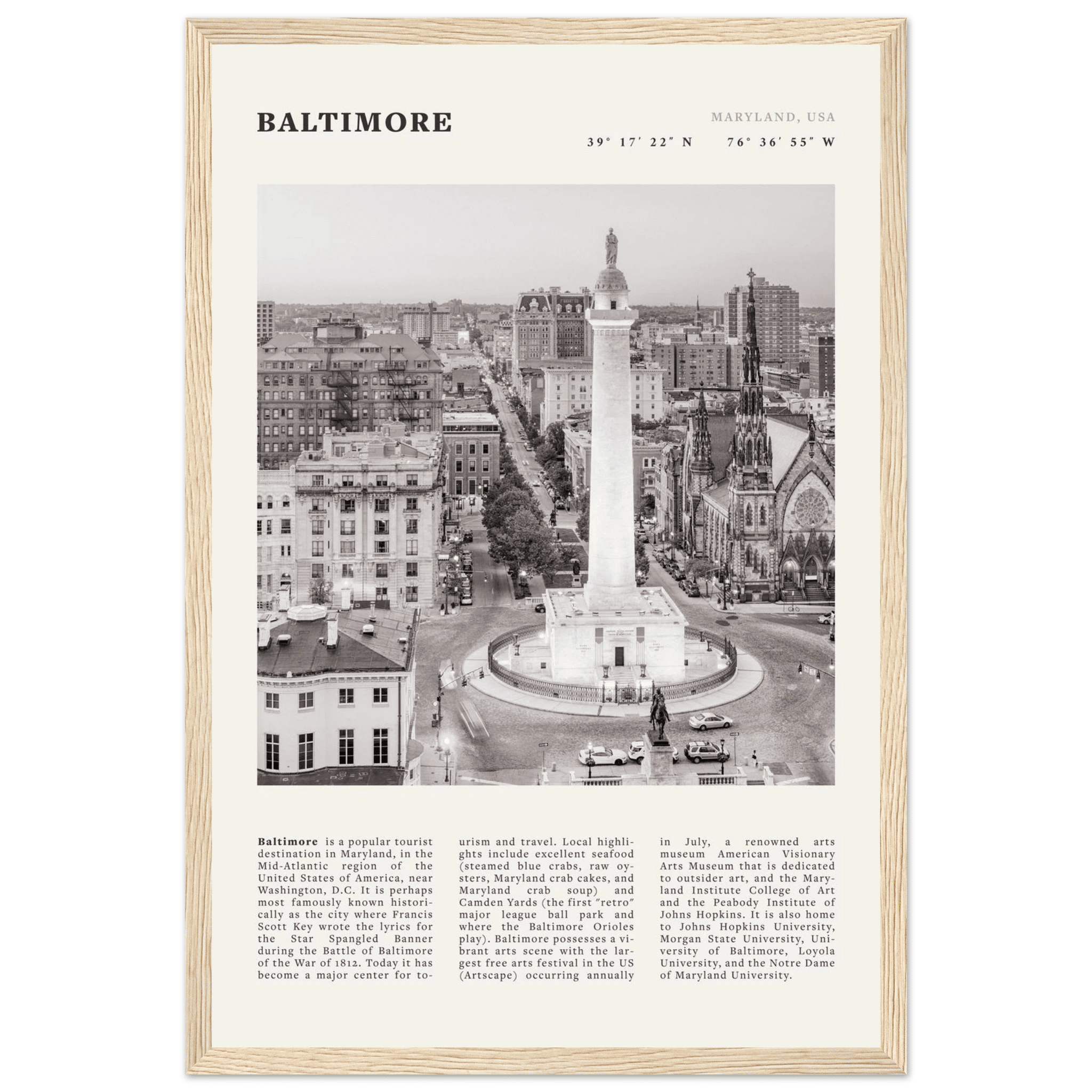 Baltimore Poster | Black & White Maryland City Wall Art | USA Travel Print - Evergreen Posters