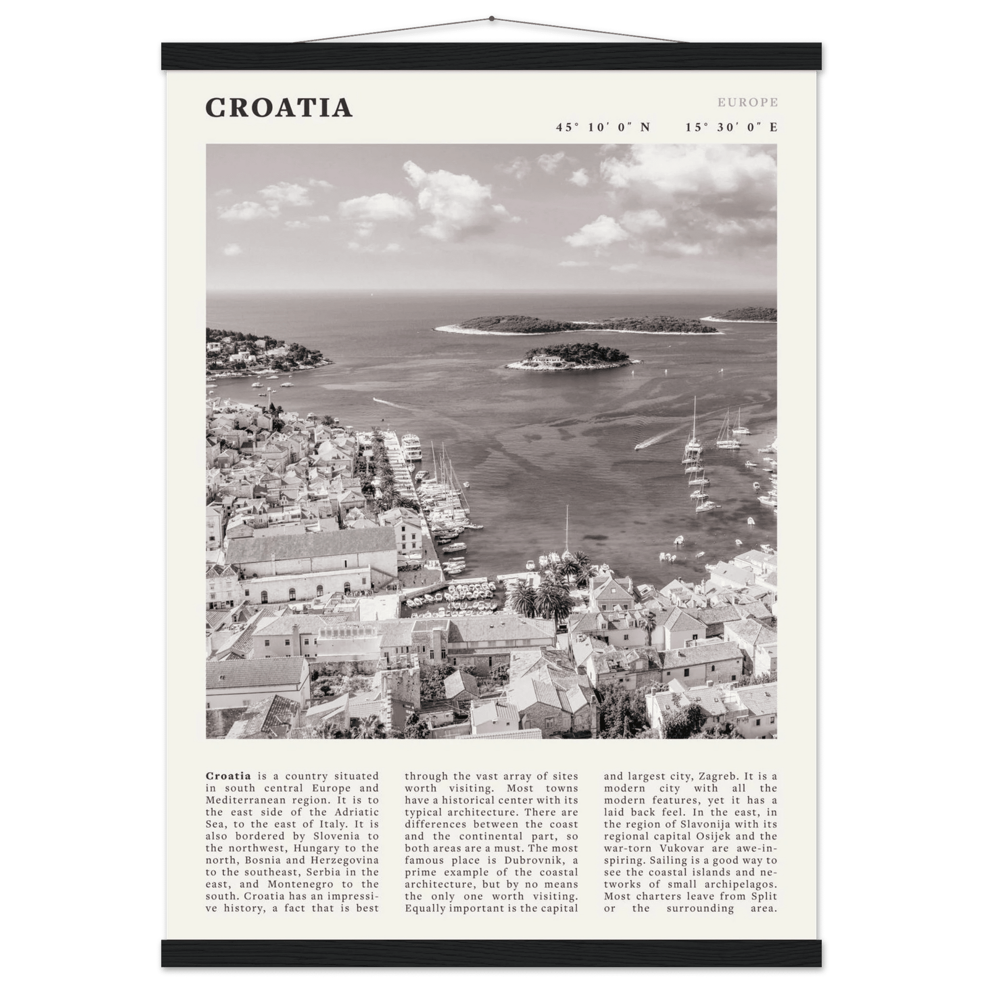 Croatia Poster | Black & White Hvar Island Wall Art | Adriatic Travel Print Decor - Evergreen Posters