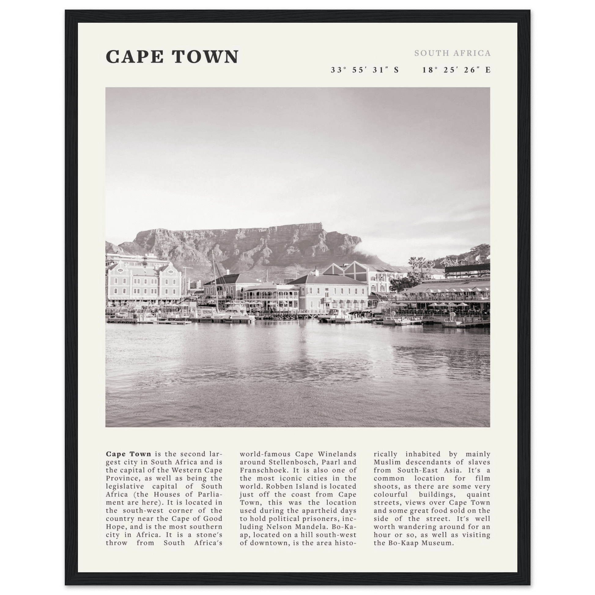 Cape Town Poster | Black & White Table Mountain Wall Art | South Africa Travel Print - Evergreen Posters