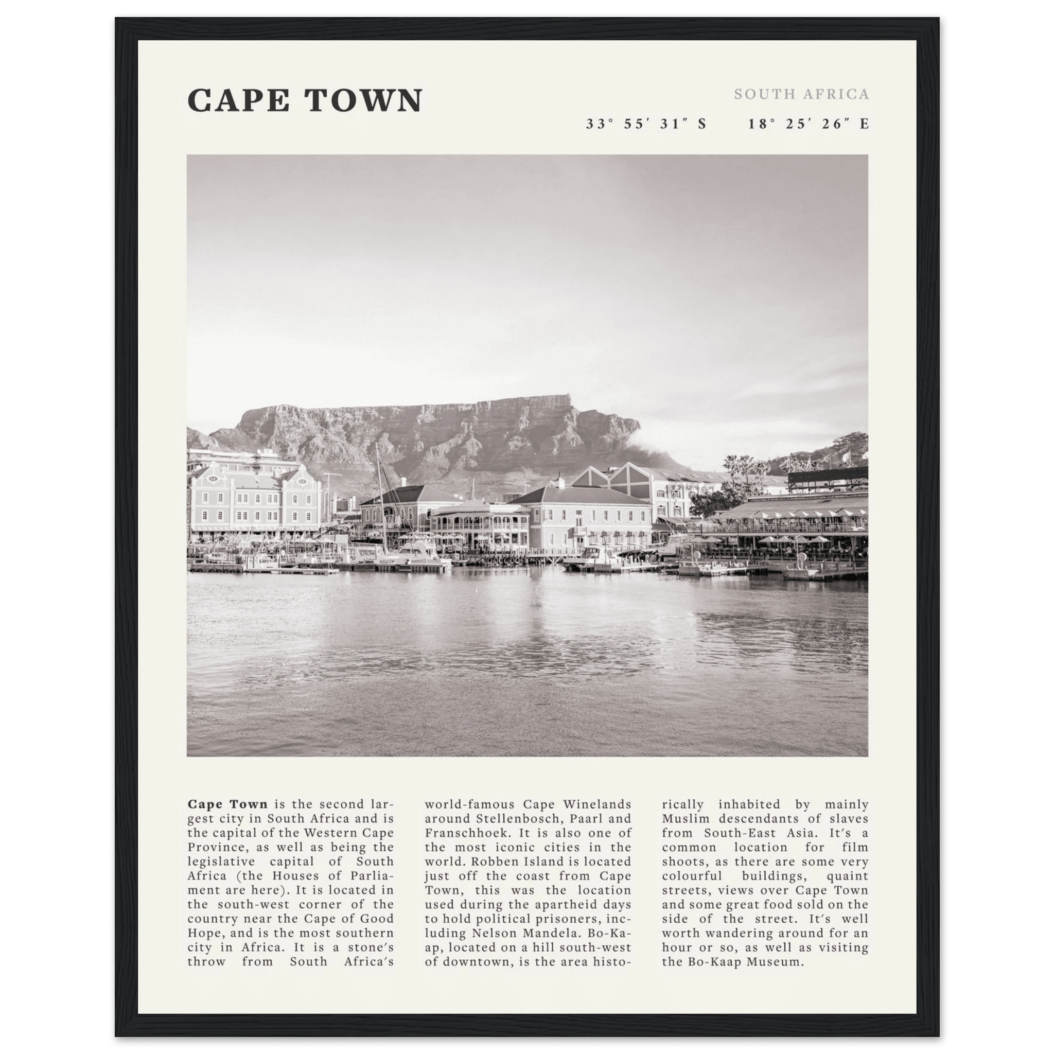 Cape Town Poster | Black & White Table Mountain Wall Art | South Africa Travel Print - Evergreen Posters