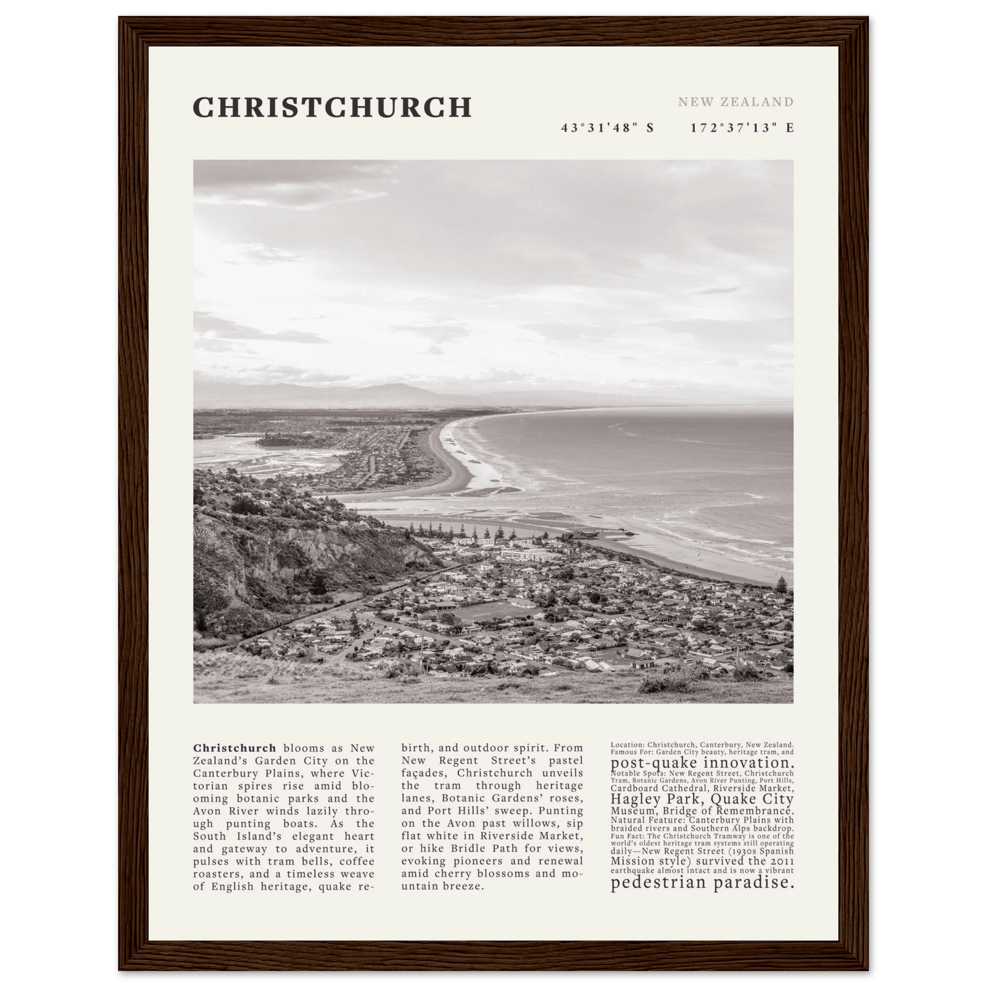 Christchurch New Zealand Poster Black and White – Vintage Garden City Panorama Print - Evergreen Posters