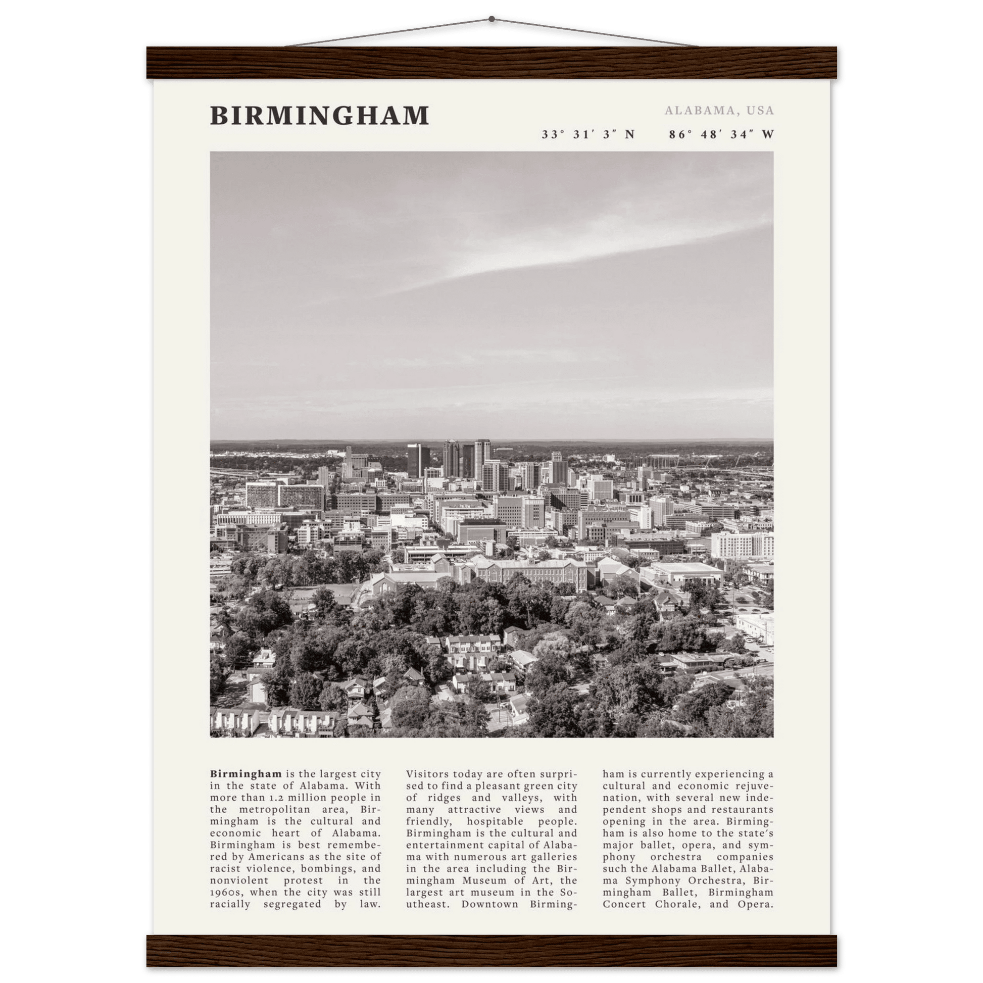 Birmingham Poster | Black & White Alabama Skyline Wall Art | AL Travel Print - Evergreen Posters