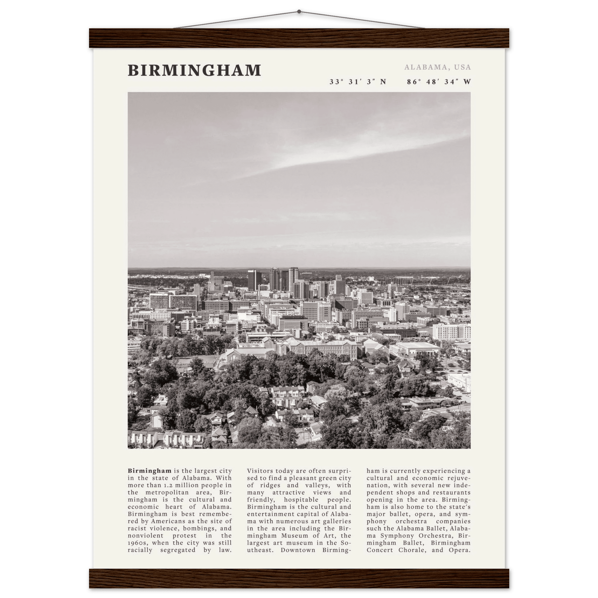 Birmingham Poster | Black & White Alabama Skyline Wall Art | AL Travel Print - Evergreen Posters