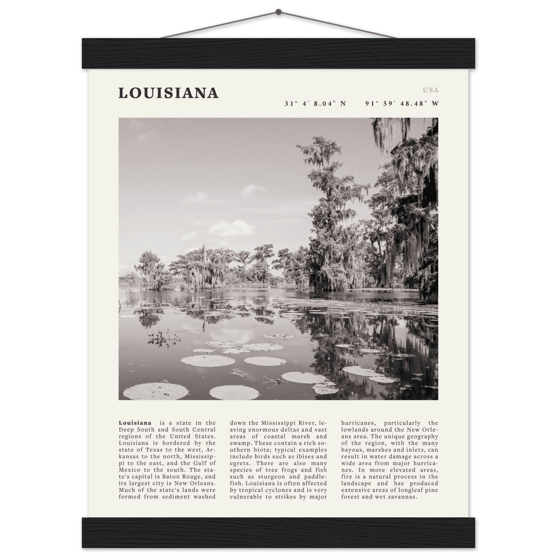 Louisiana Poster | Black & White Bayou Wall Art | Southern USA Travel Print Decor - Evergreen Posters