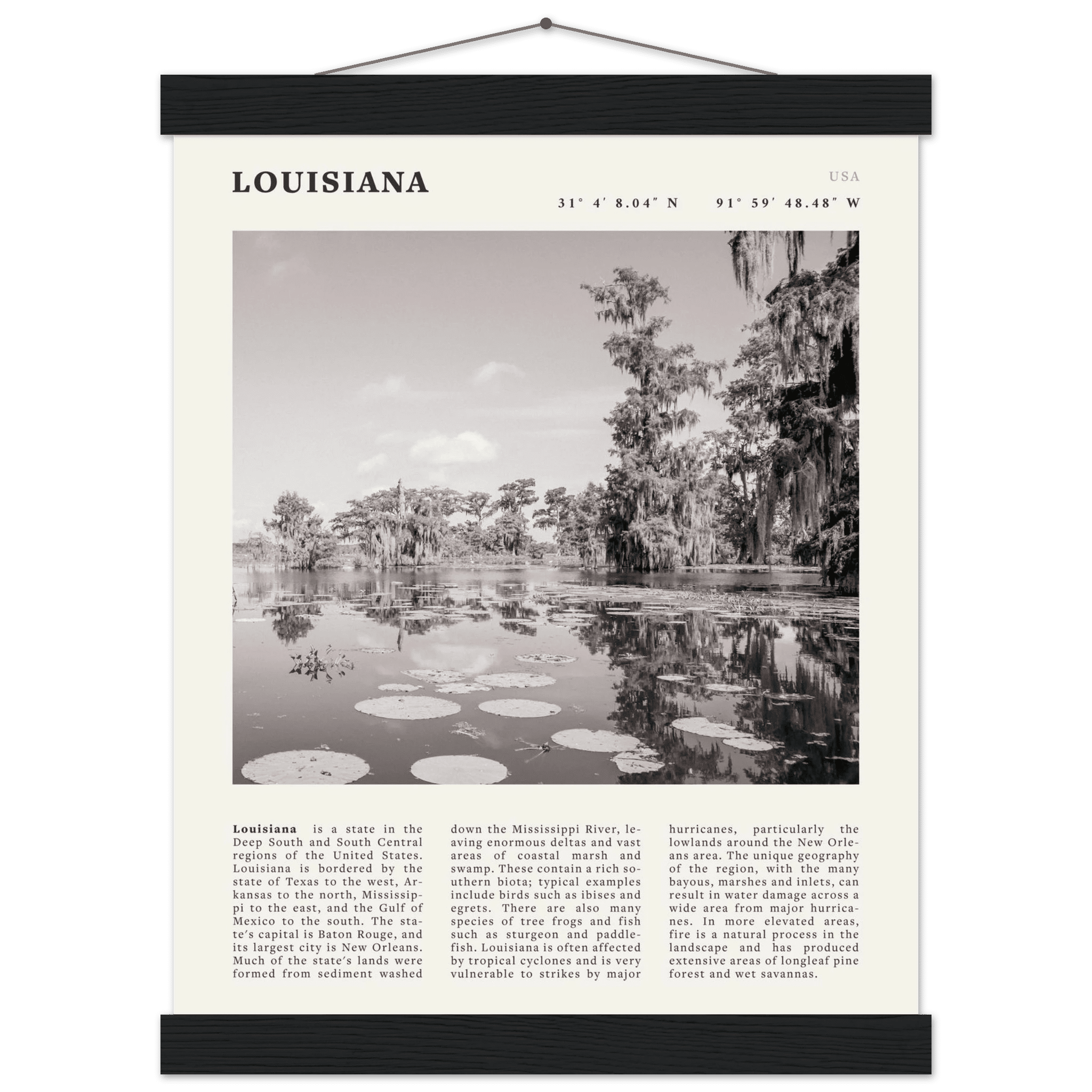 Louisiana Poster | Black & White Bayou Wall Art | Southern USA Travel Print Decor - Evergreen Posters