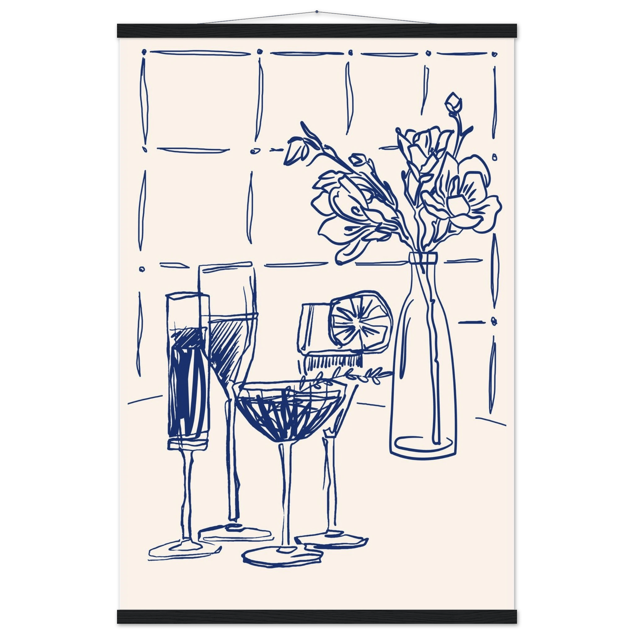 Cocktails & Flowers Print | Navy Blue Line Art Drinks Wall Art | Kitchen Bar Poster - Evergreen Posters