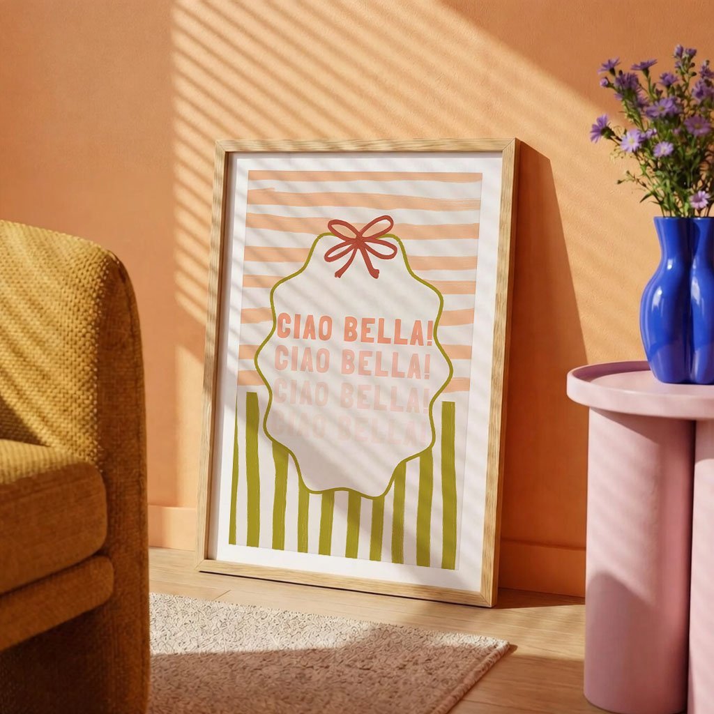 Ciao Bella Poster | Italian Typography Wall Art | Retro Stripe Bow Print | Cute Room Decor - Evergreen Posters
