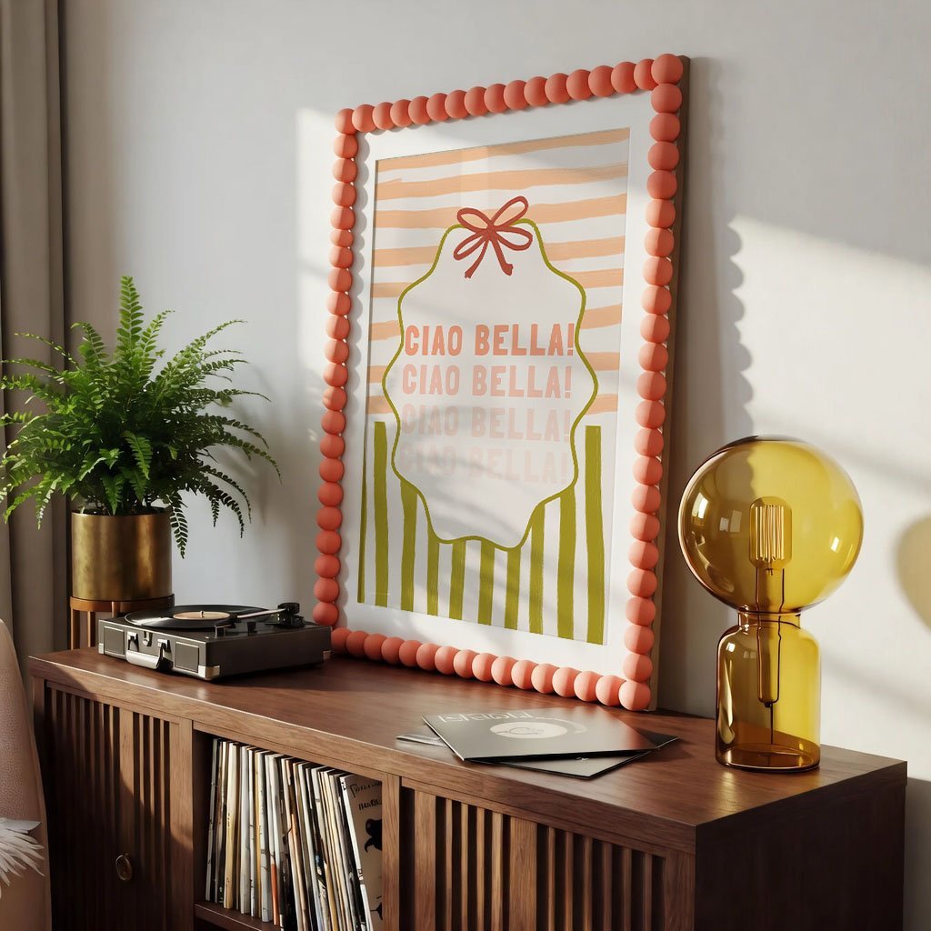Ciao Bella Poster | Italian Typography Wall Art | Retro Stripe Bow Print | Cute Room Decor - Evergreen Posters