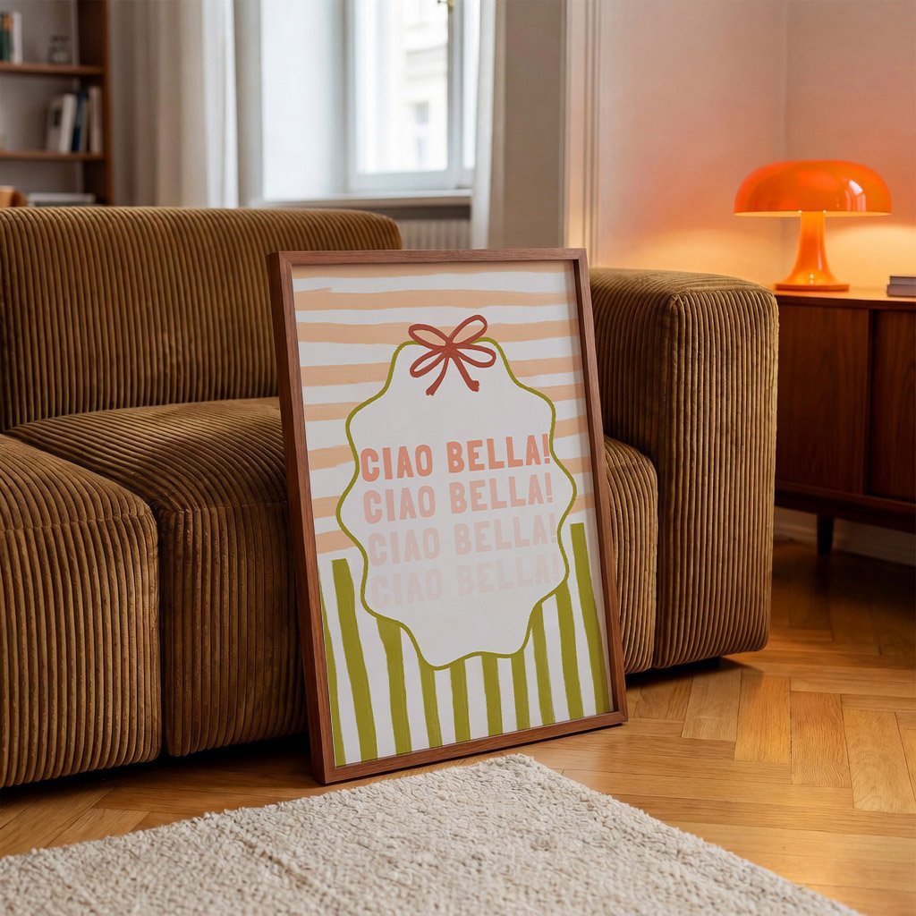 Ciao Bella Poster | Italian Typography Wall Art | Retro Stripe Bow Print | Cute Room Decor - Evergreen Posters