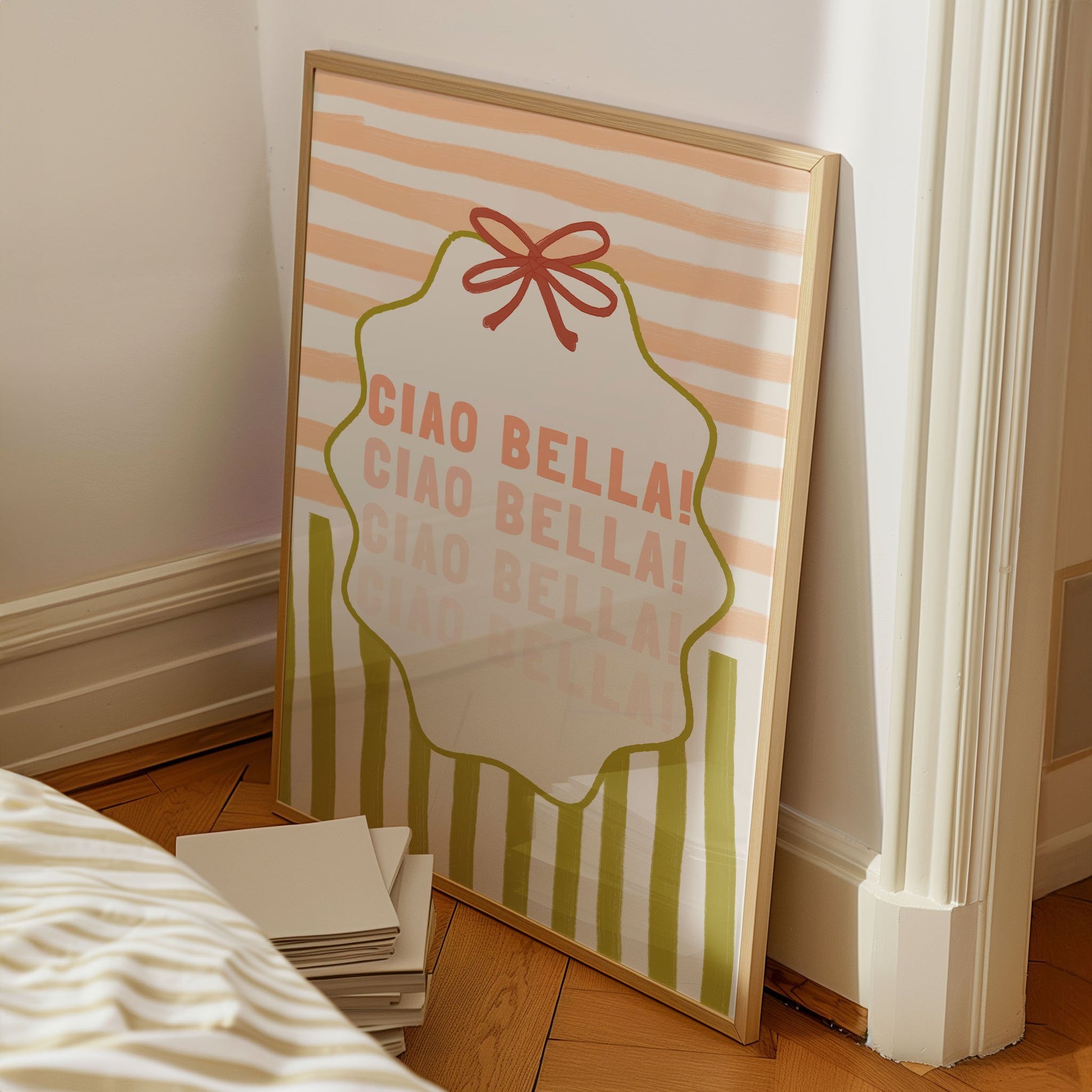 Ciao Bella Poster | Italian Typography Wall Art | Retro Stripe Bow Print | Cute Room Decor - Evergreen Posters
