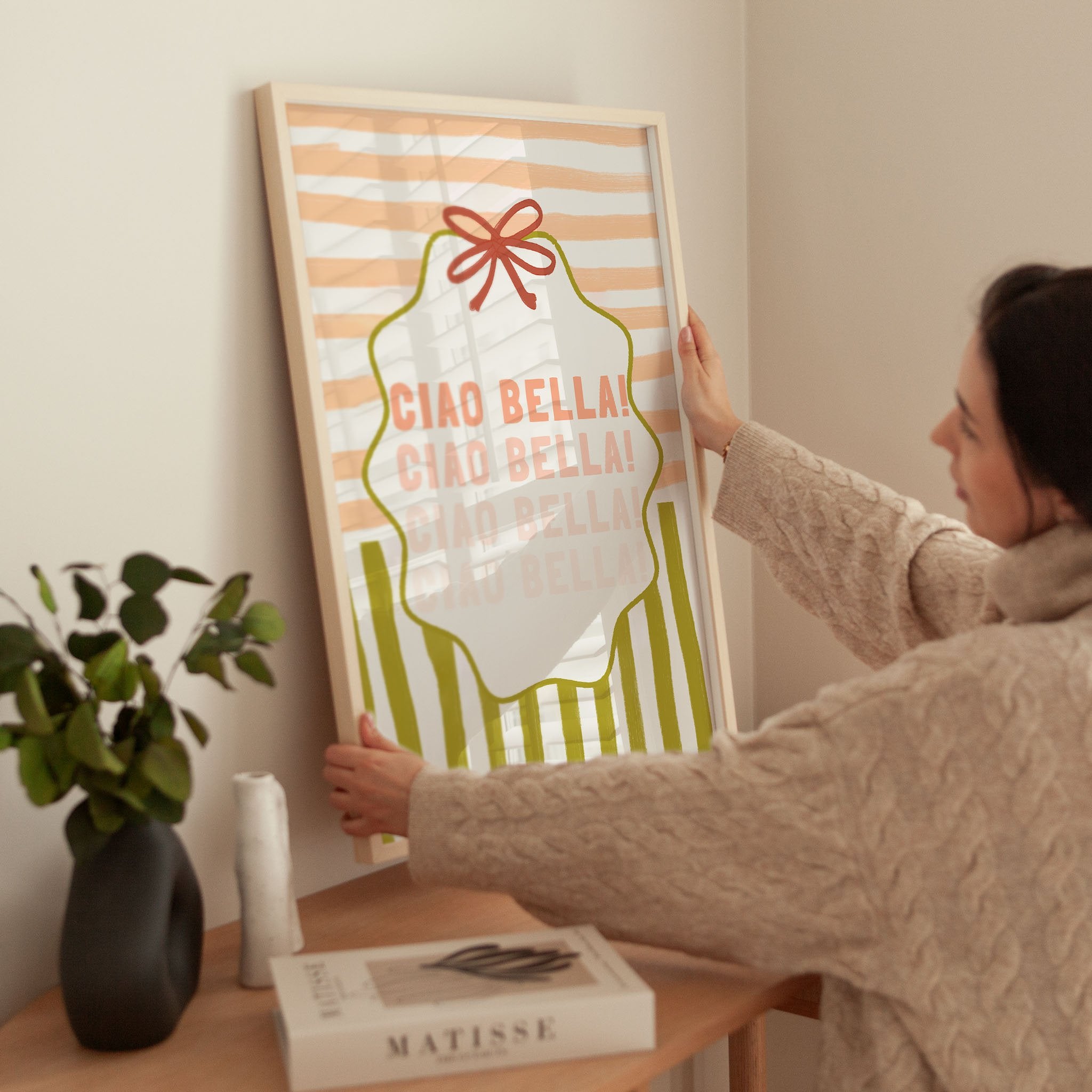Ciao Bella Poster | Italian Typography Wall Art | Retro Stripe Bow Print | Cute Room Decor - Evergreen Posters