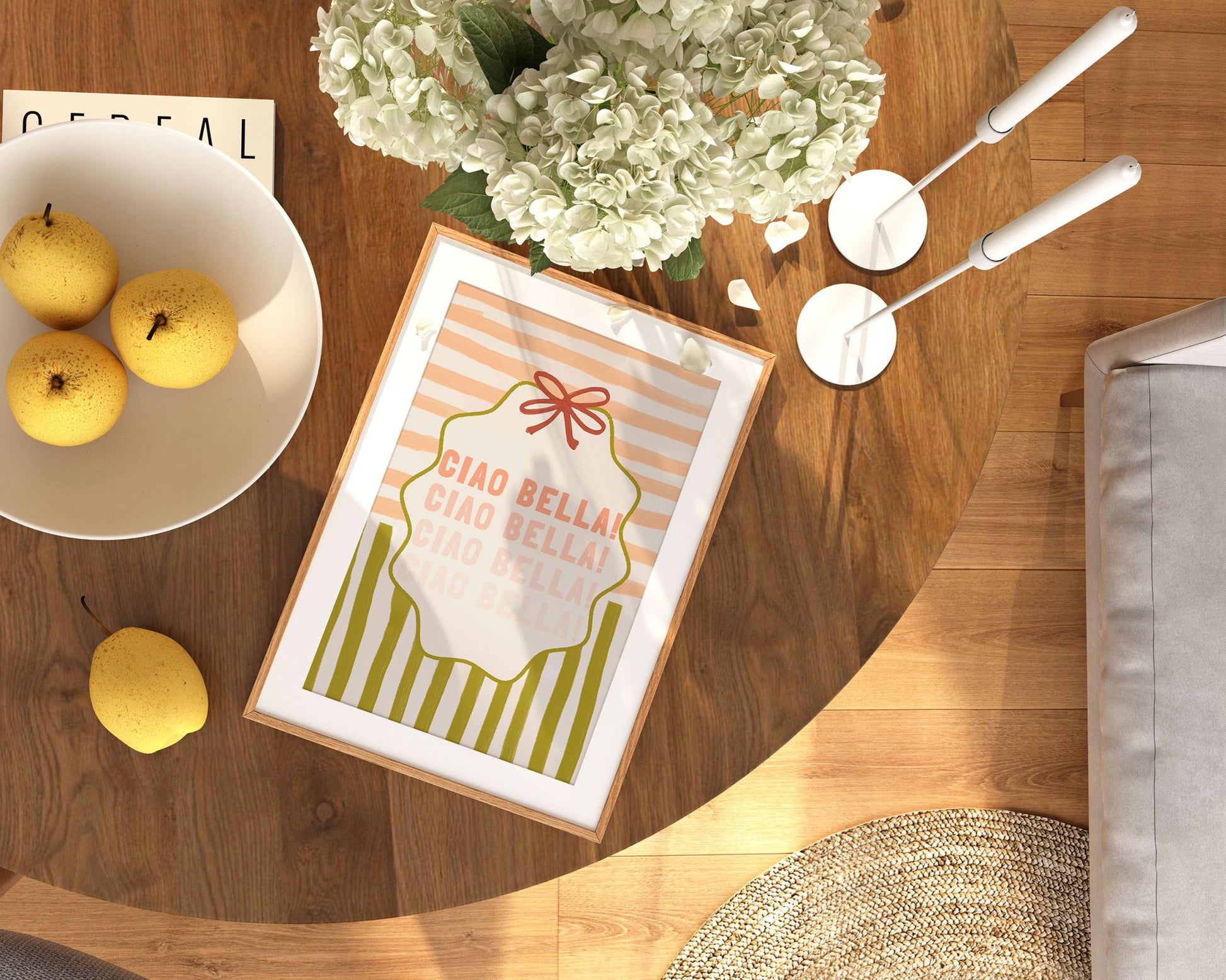 Ciao Bella Poster | Italian Typography Wall Art | Retro Stripe Bow Print | Cute Room Decor - Evergreen Posters