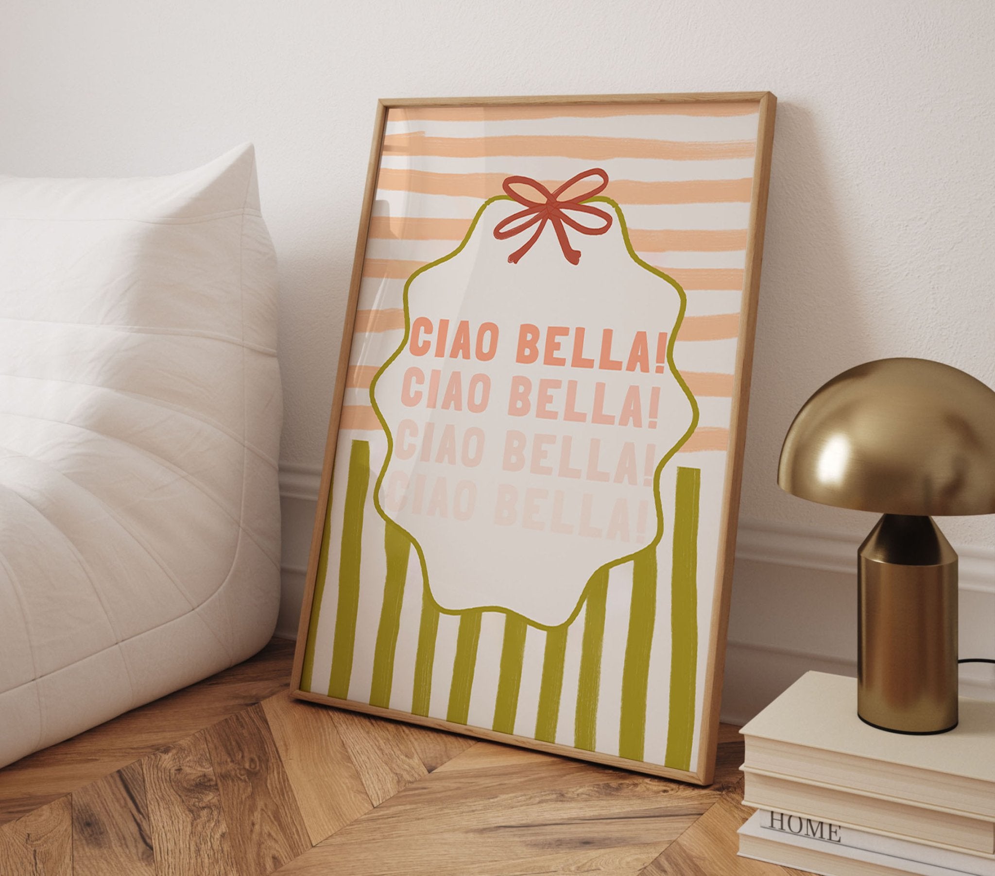 Ciao Bella Poster | Italian Typography Wall Art | Retro Stripe Bow Print | Cute Room Decor - Evergreen Posters